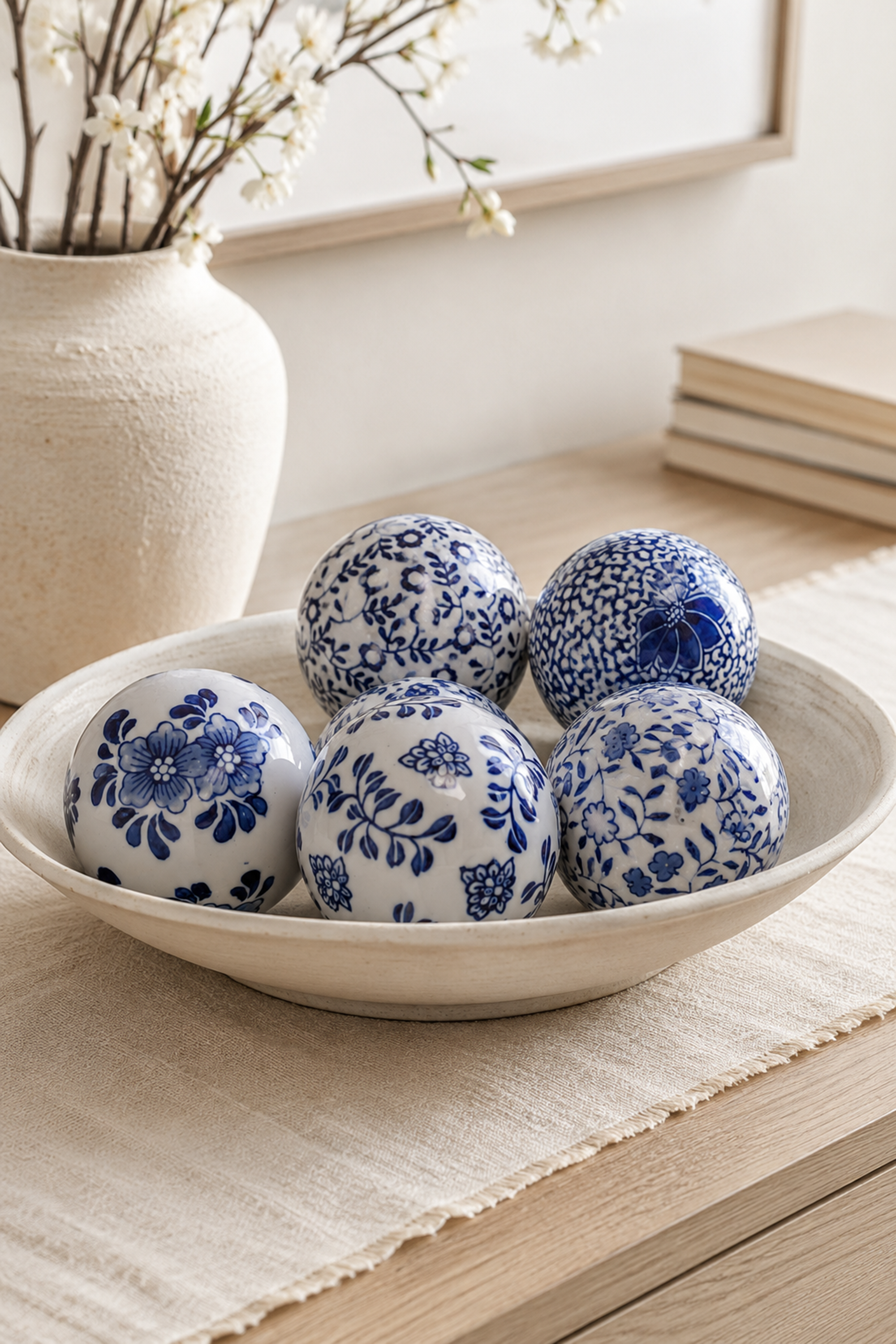 Blue & White Floral Ceramic Table Decor– Set of 6