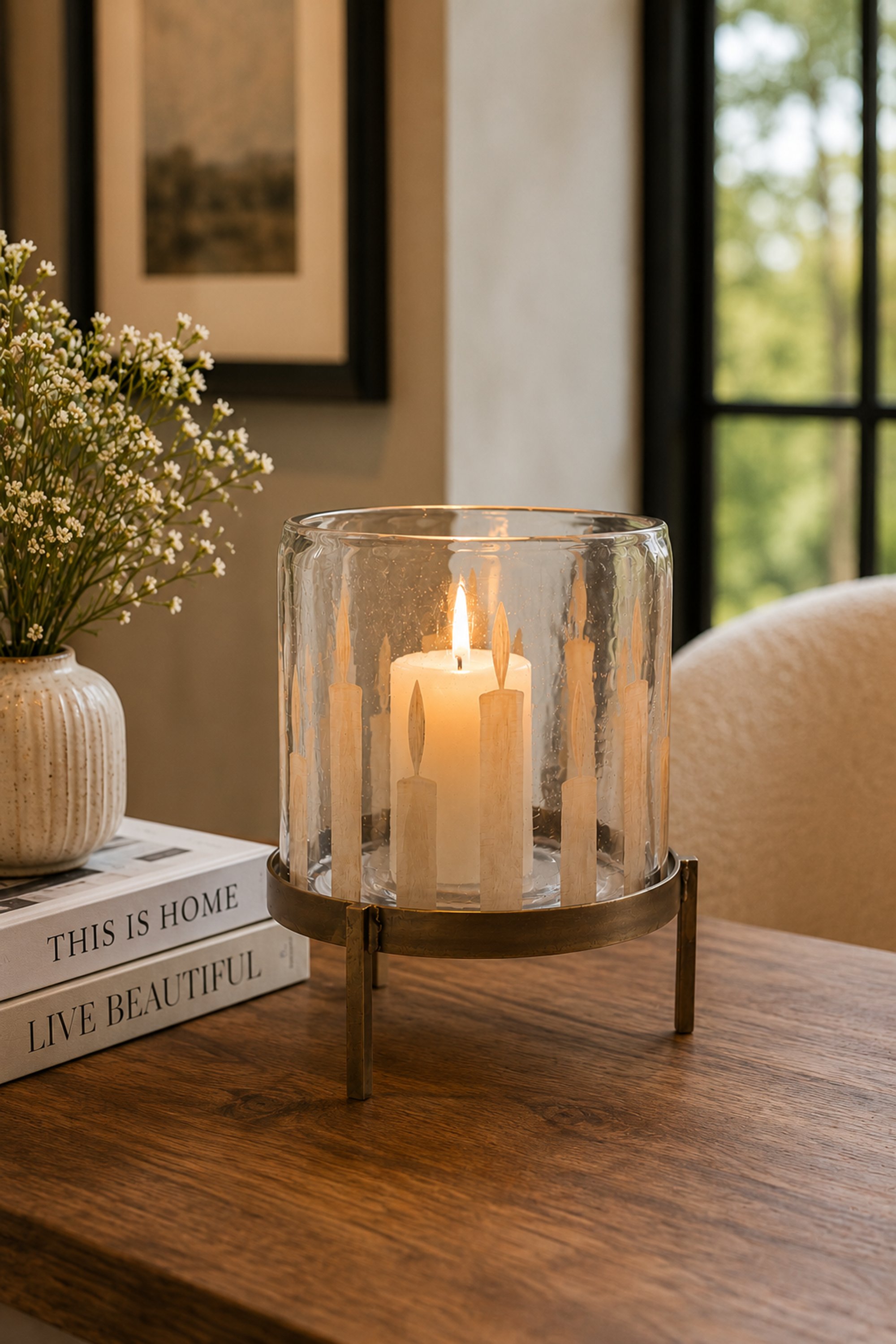 Wide Candle Motif Glass Hurricane Candle Holder