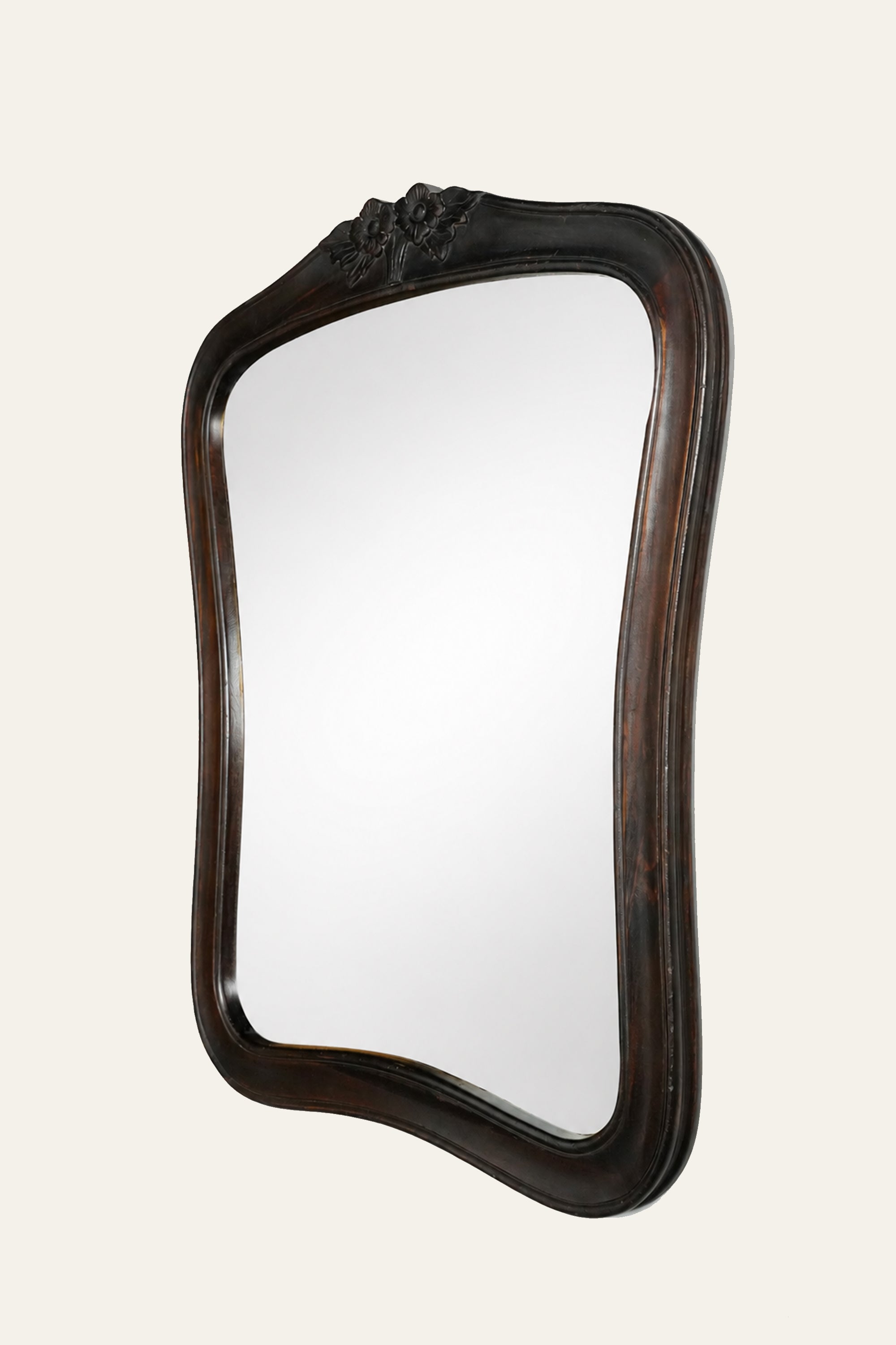 Contoured Dark Wood Floral Crest Wall Mirror