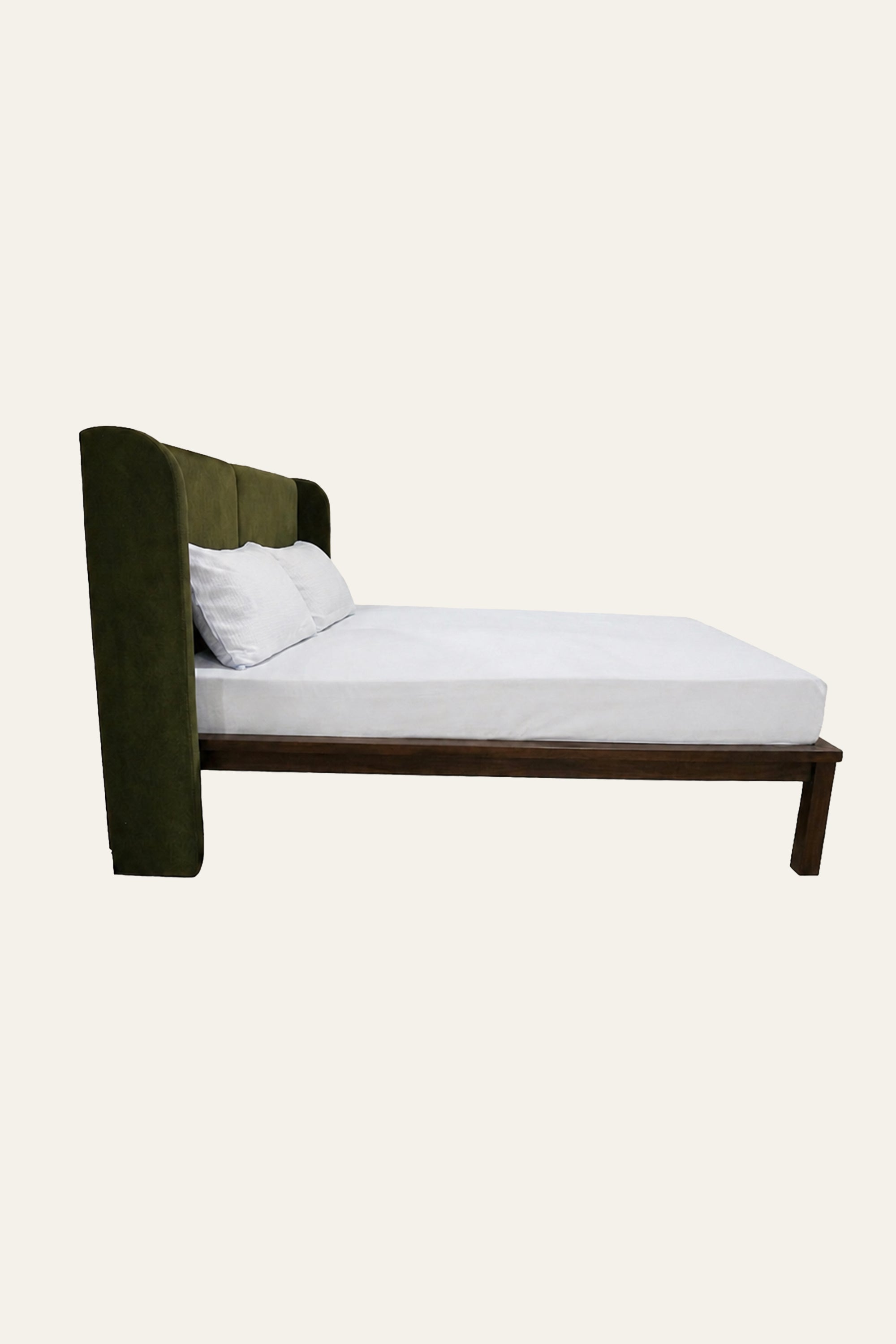 Forest Green Wingback Platform Bed with Dark Wood Frame