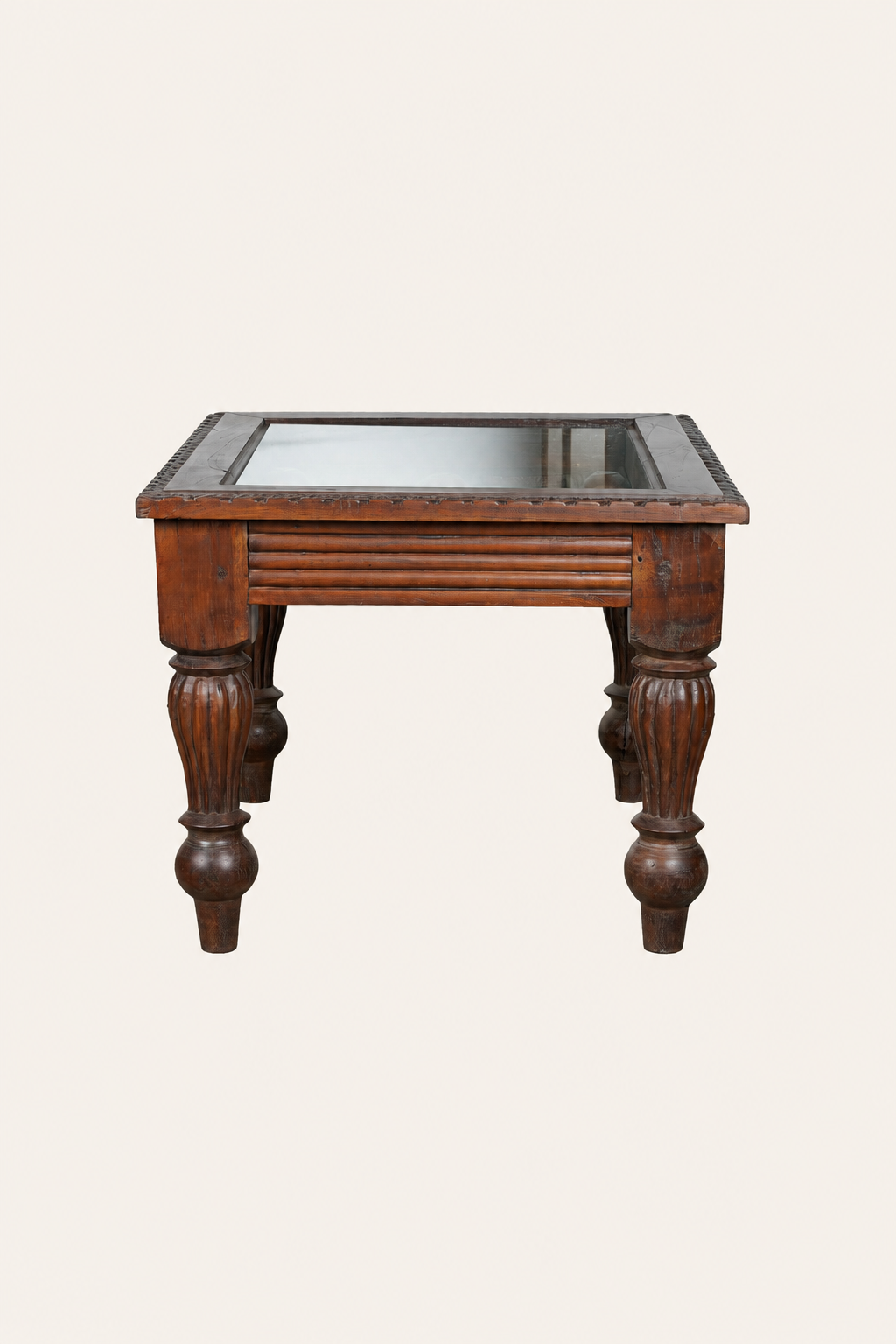 Square Carved Grid Panel  Vintage Coffee Table with Baluster legs