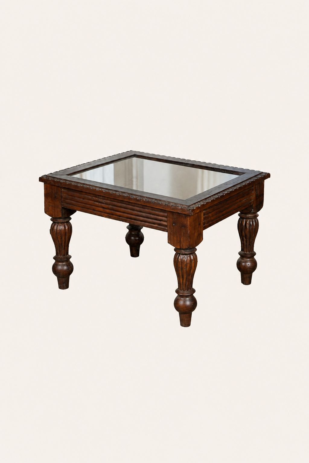 Square Carved Grid Panel  Vintage Coffee Table with Baluster legs