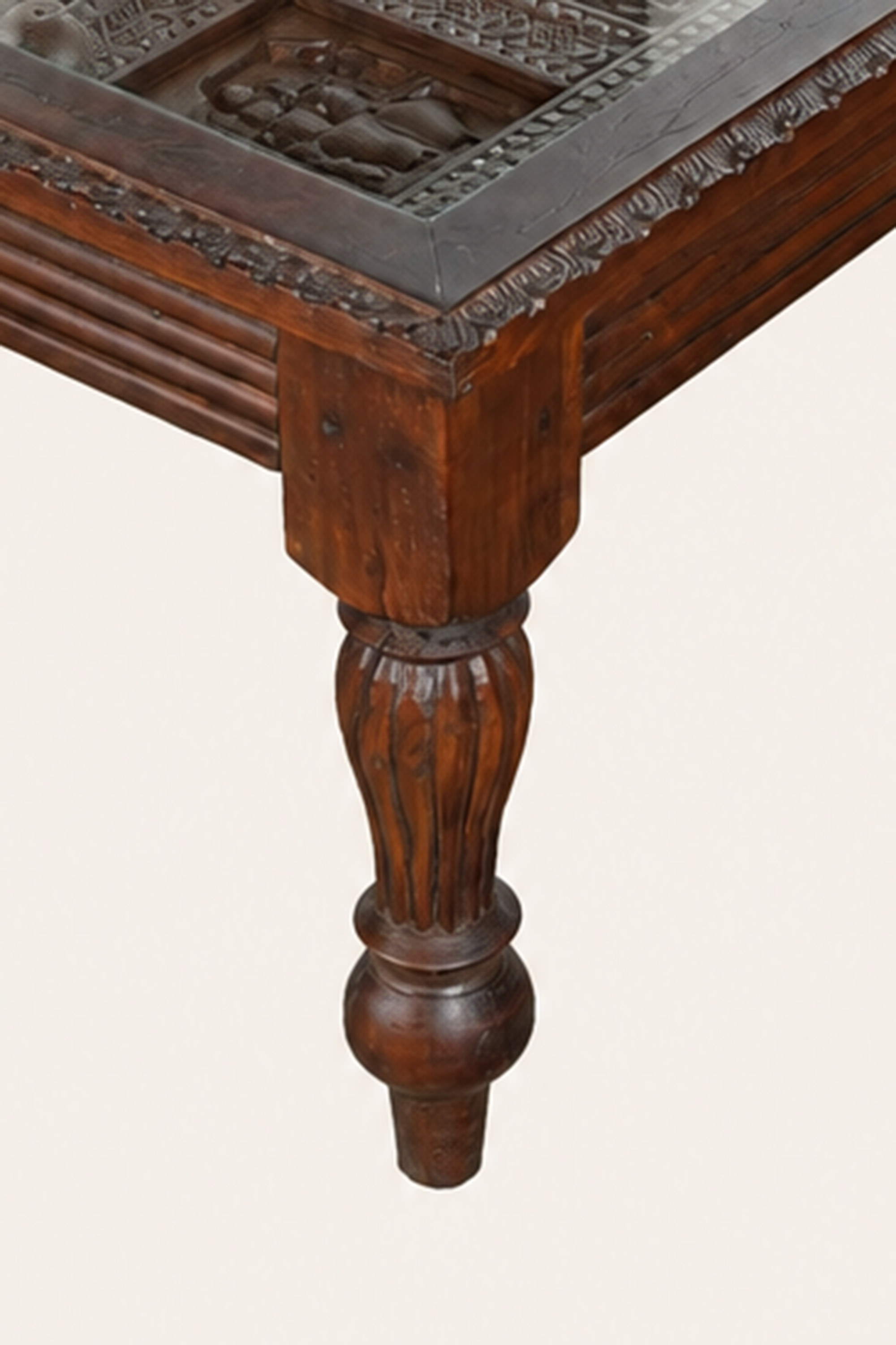 Square Carved Grid Panel  Vintage Coffee Table with Baluster legs