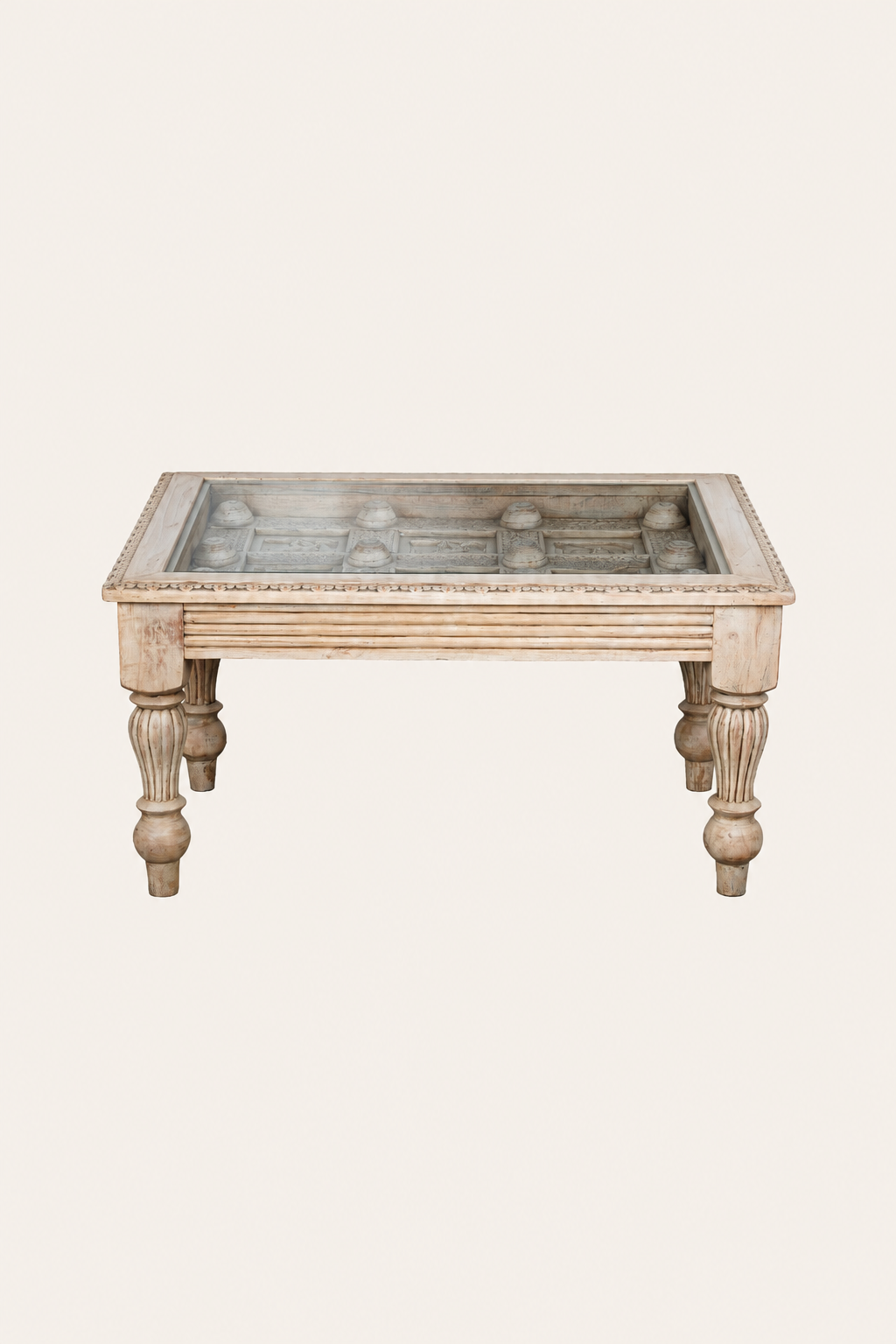 Indian Haveli Inspired Carved Rectangular Coffee Table with Turned Legs