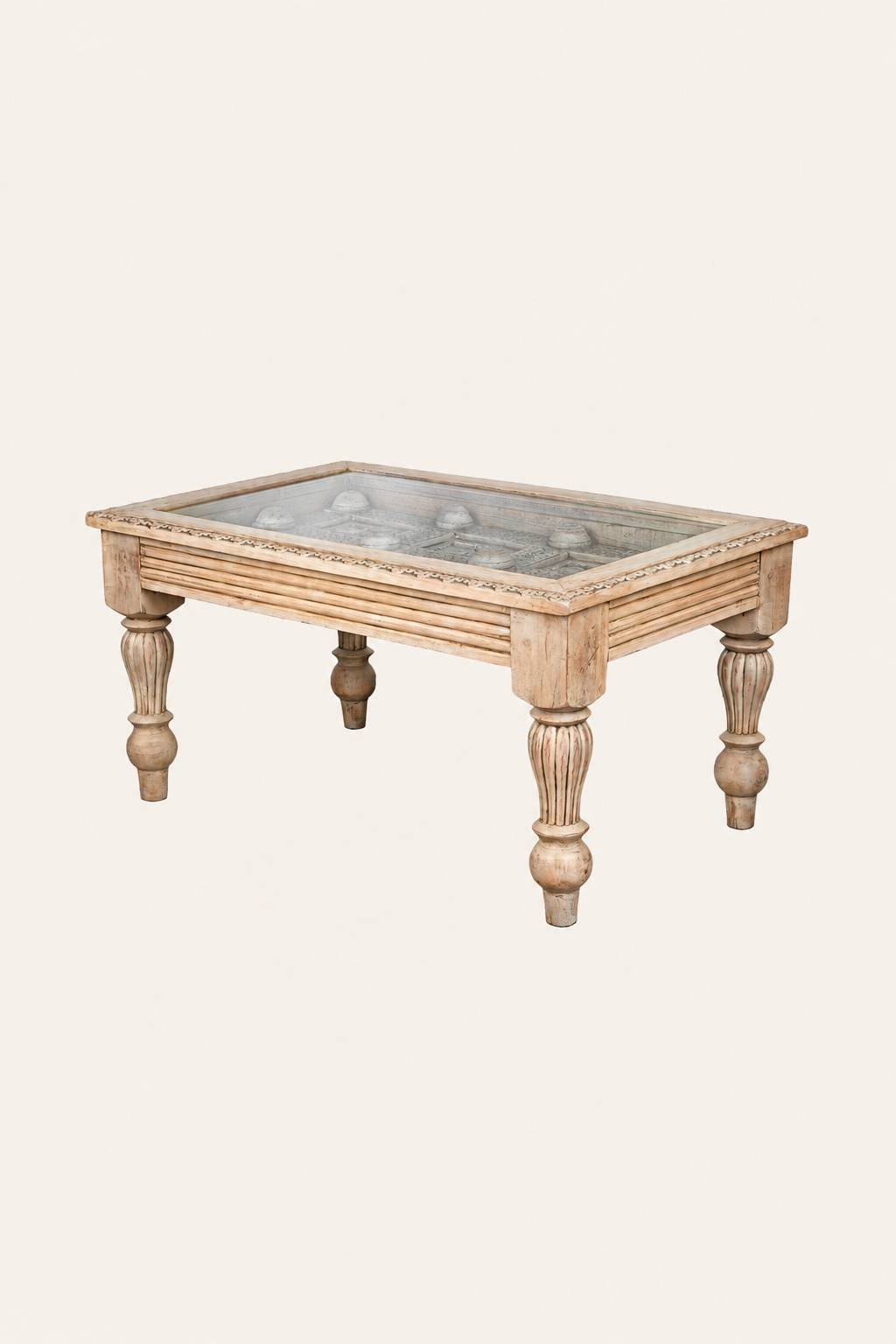 Indian Haveli Inspired Carved Rectangular Coffee Table with Turned Legs