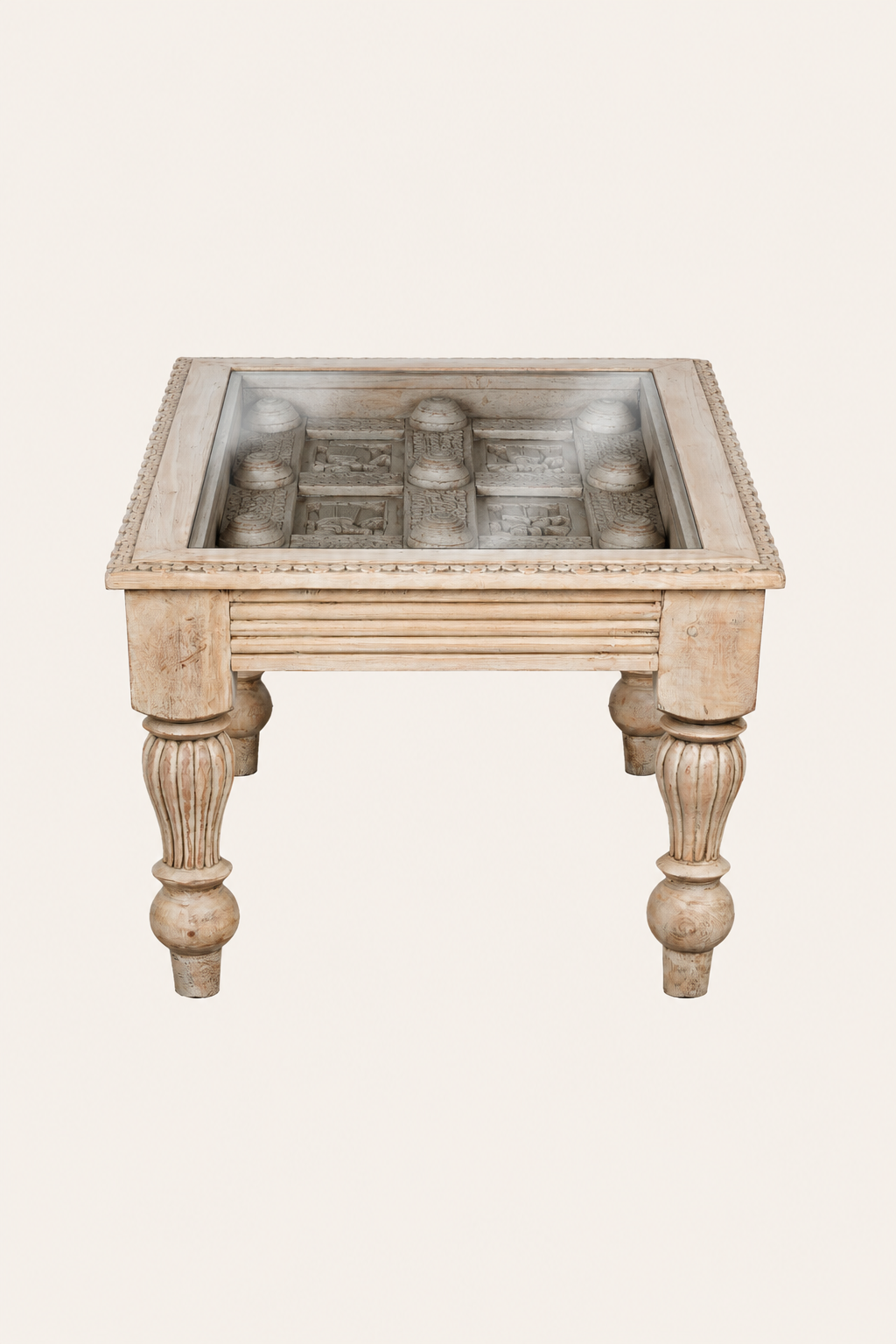 Indian Haveli Inspired Carved Rectangular Coffee Table with Turned Legs