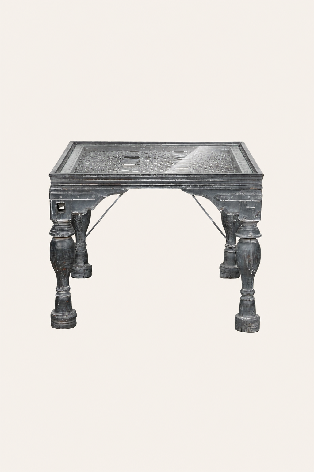 Charcoal Carved Indian Coffee Table with Mesh Top