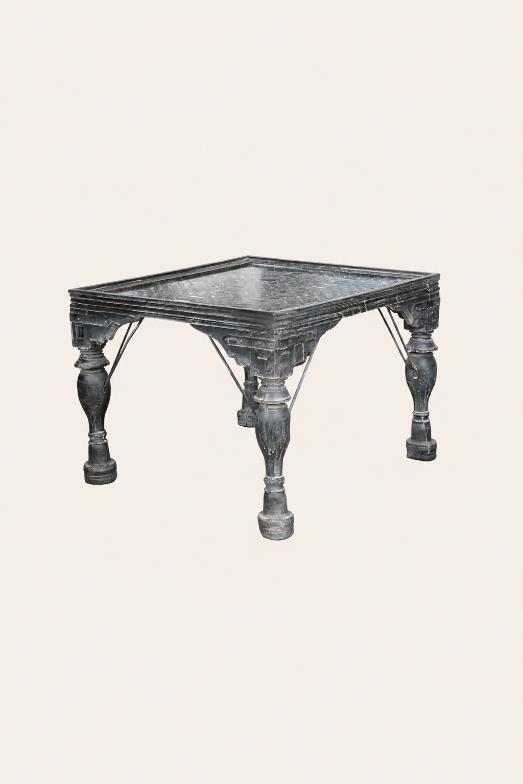 Charcoal Carved Indian Coffee Table with Mesh Top