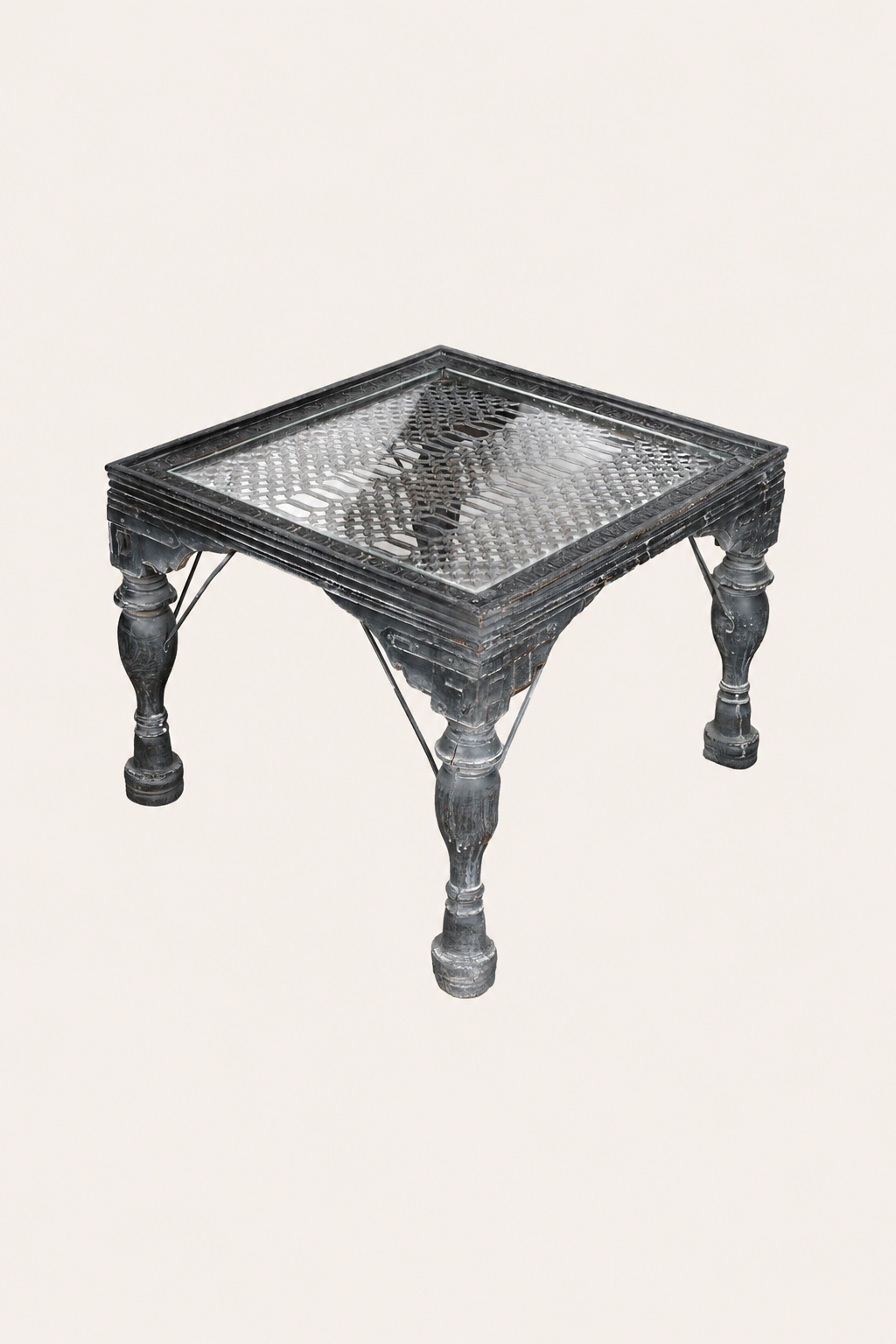 Charcoal Carved Indian Coffee Table with Mesh Top