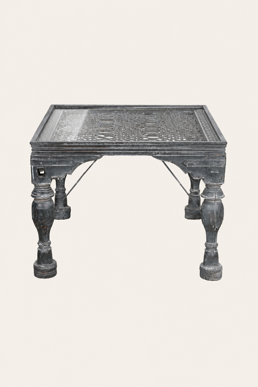 Charcoal Carved Indian Coffee Table with Mesh Top