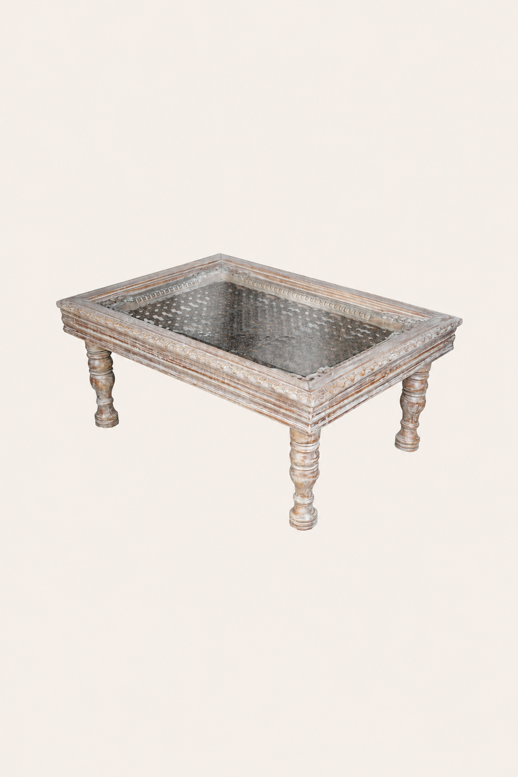 Distressed White Carved Mesh Coffee Table