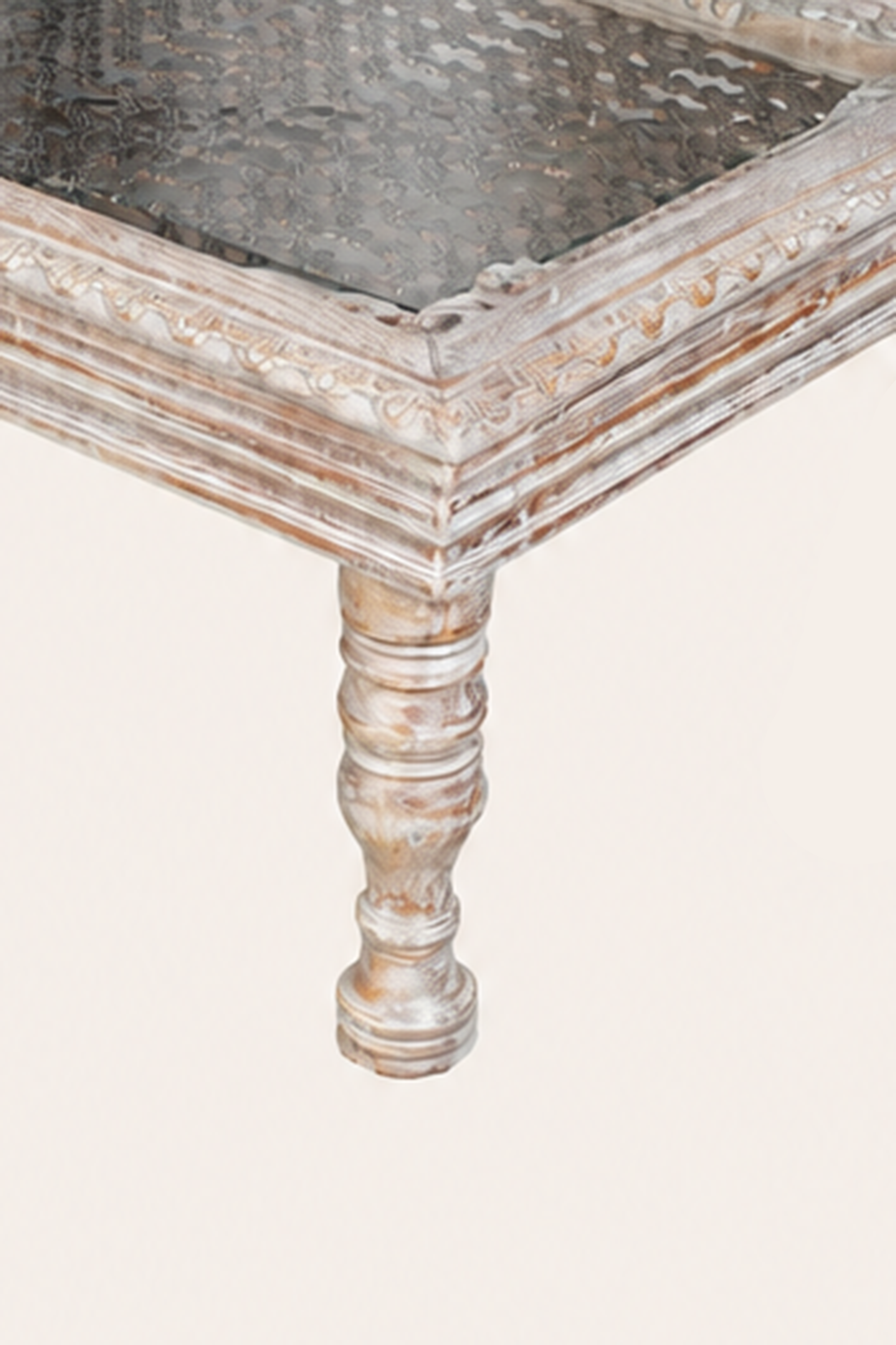 Distressed White Carved Mesh Coffee Table
