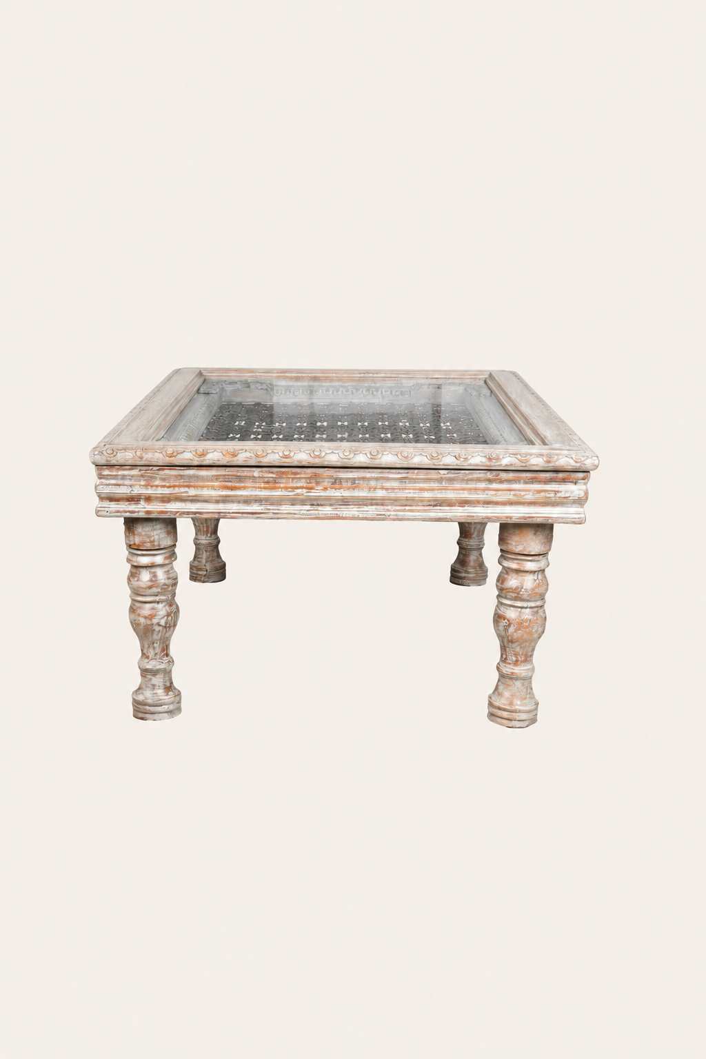 Distressed White Carved Mesh Coffee Table