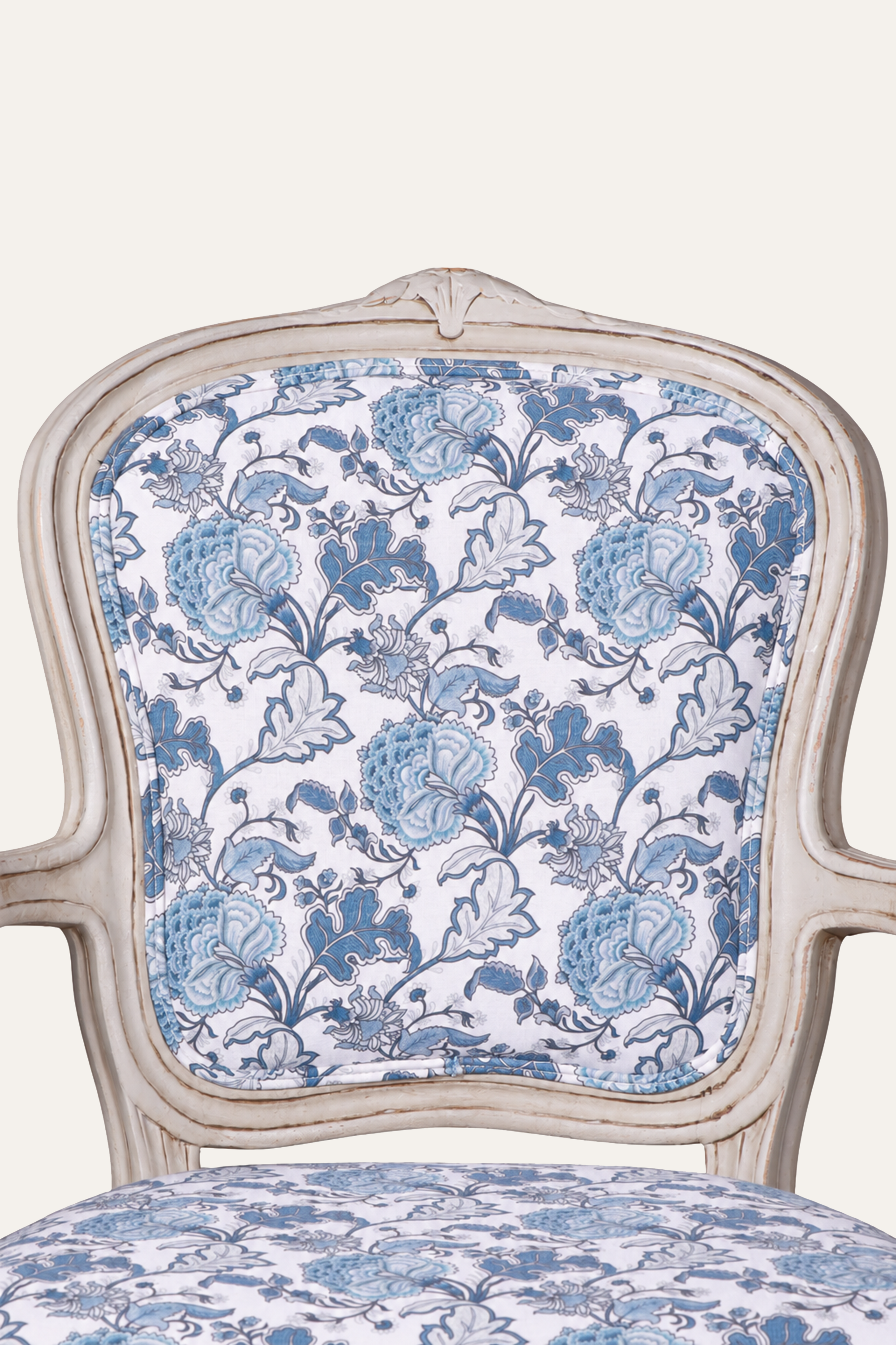 Blue French Style Floral Upholstered Armchair with Carved White Wood Frame