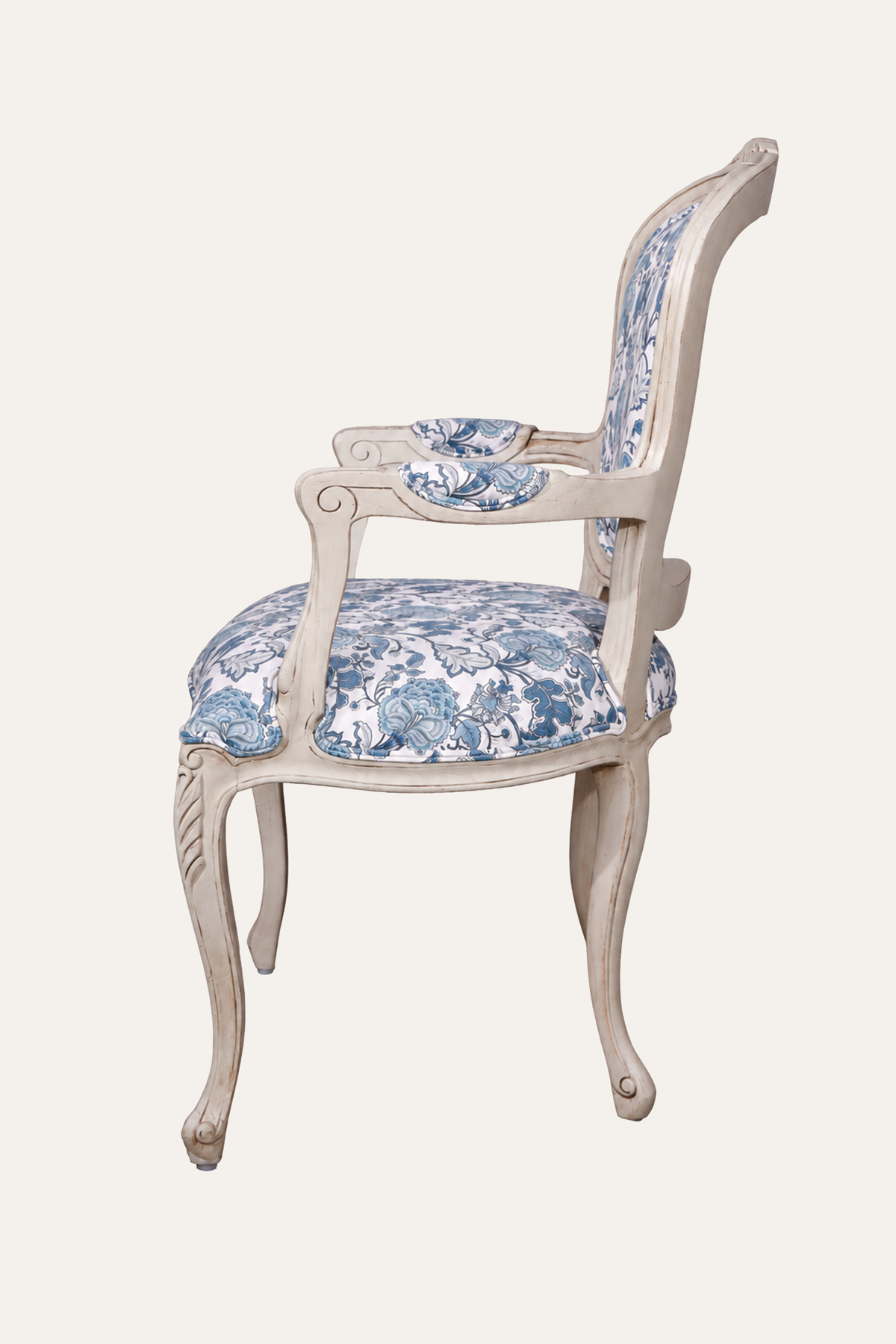Blue French Style Floral Upholstered Armchair with Carved White Wood Frame