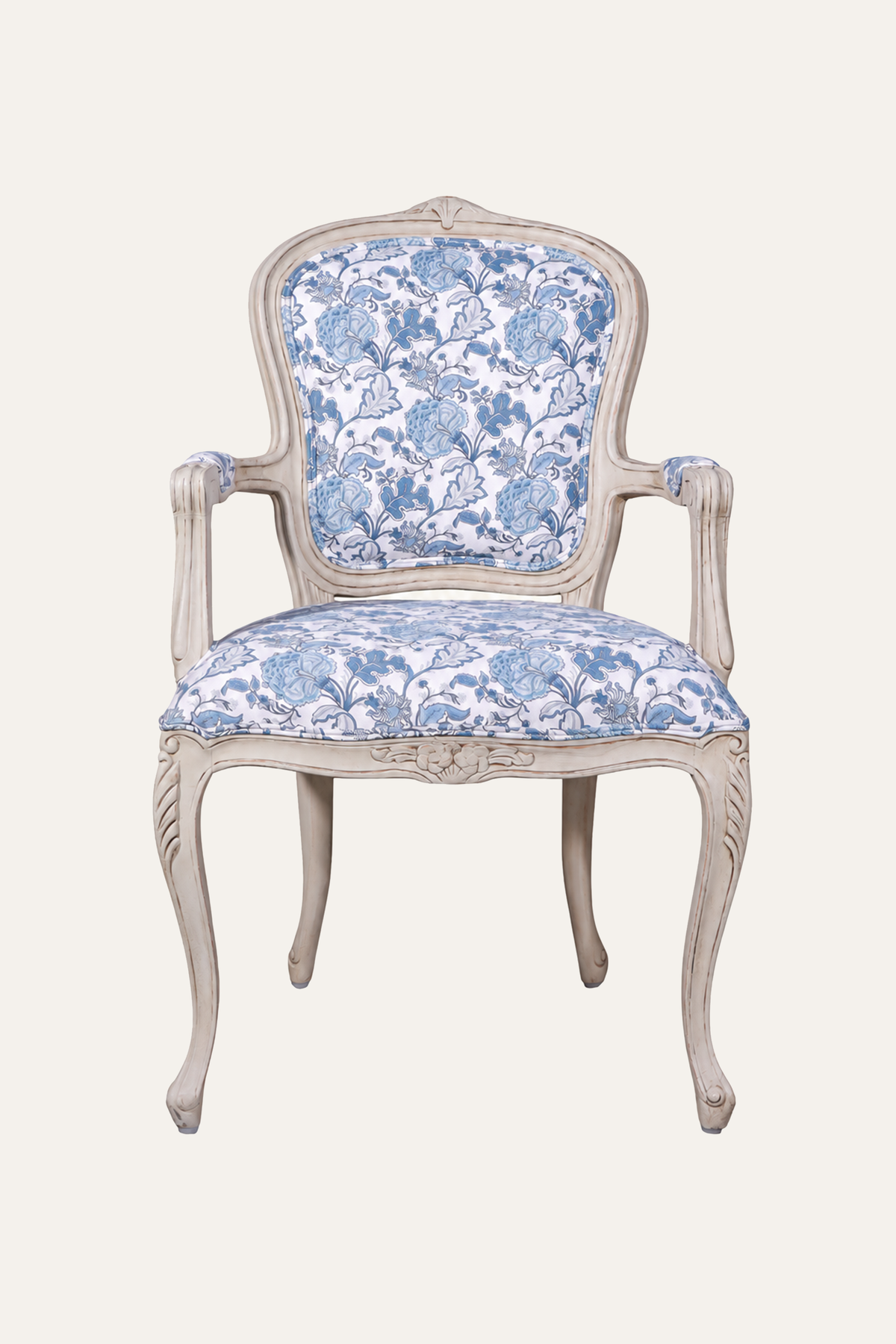 Blue French Style Floral Upholstered Armchair with Carved White Wood Frame