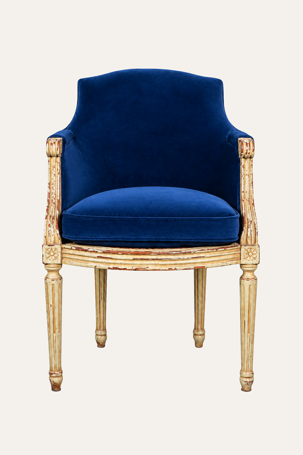 Royal Blue Velvet Armchair with Cane Backrest & Carved Wood Frame