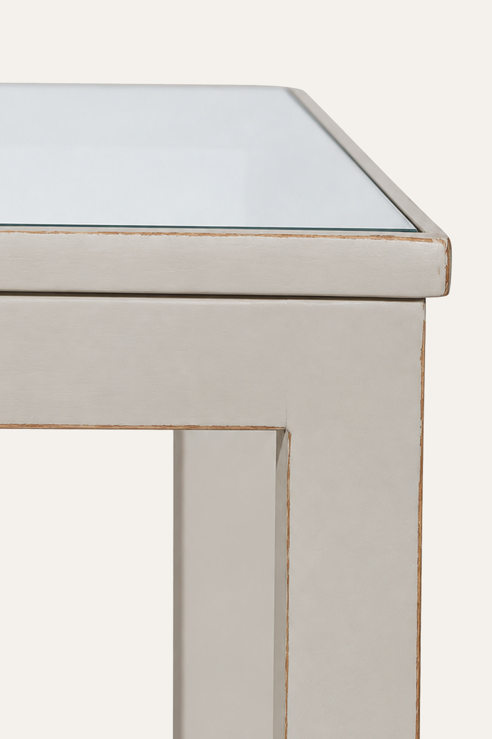 Light Taupe Wooden Side Table with Glass Top & Slatted Lower Shelf