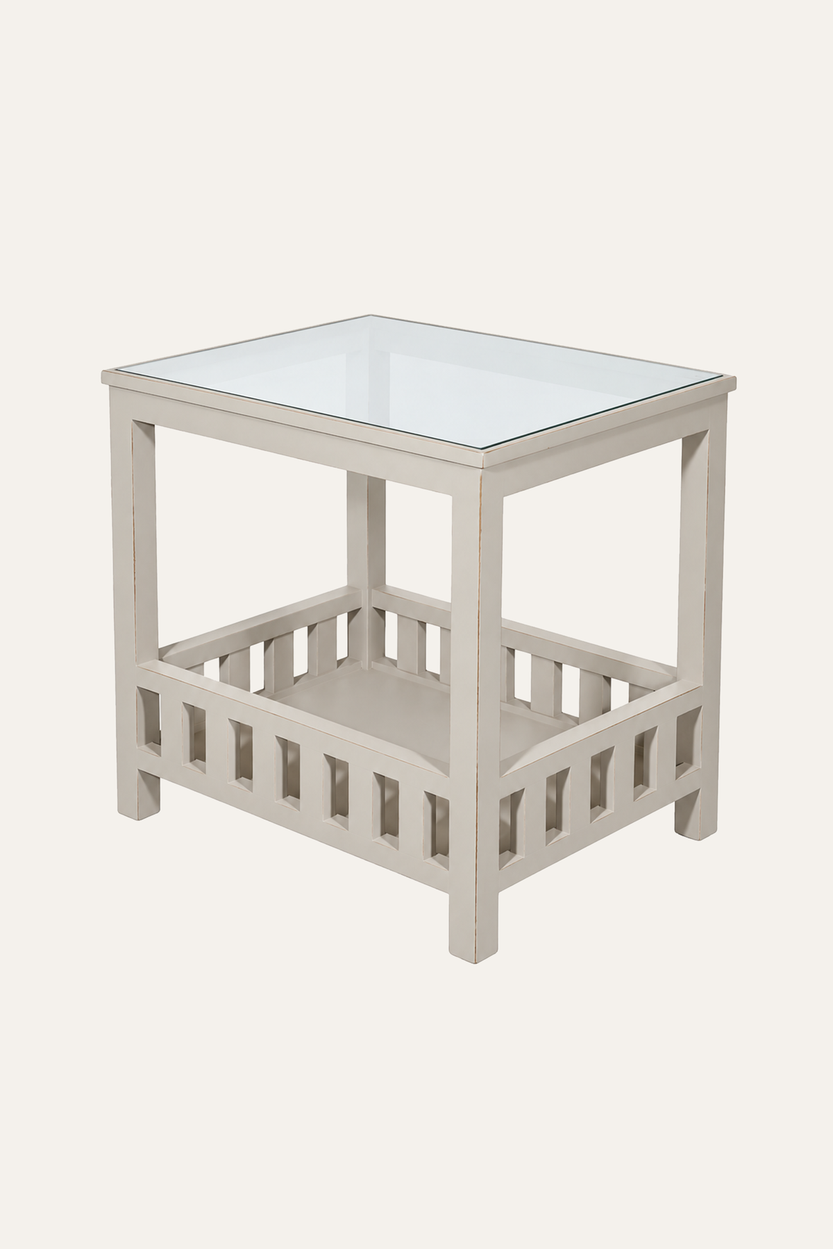 Light Taupe Wooden Side Table with Glass Top & Slatted Lower Shelf