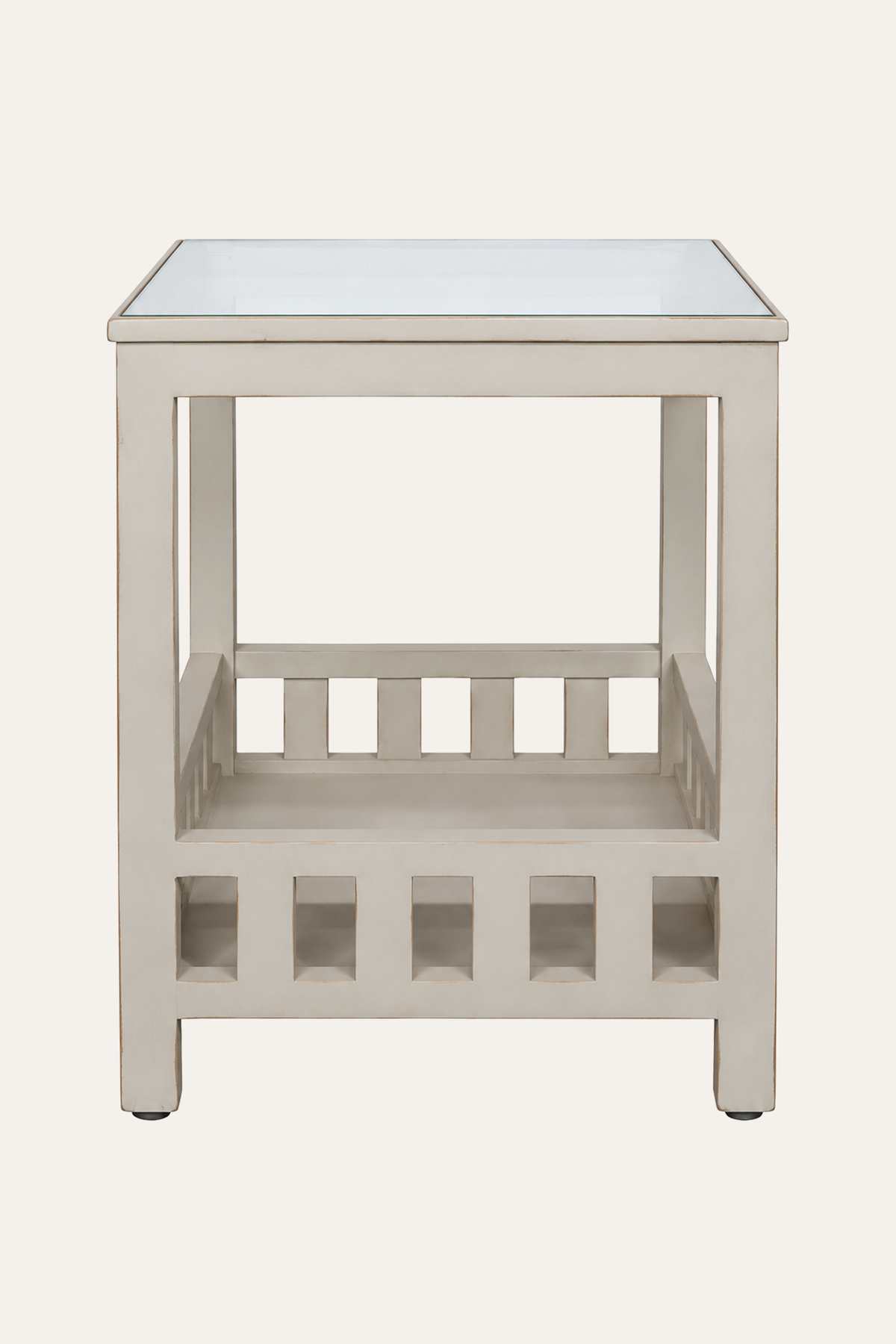 Light Taupe Wooden Side Table with Glass Top & Slatted Lower Shelf