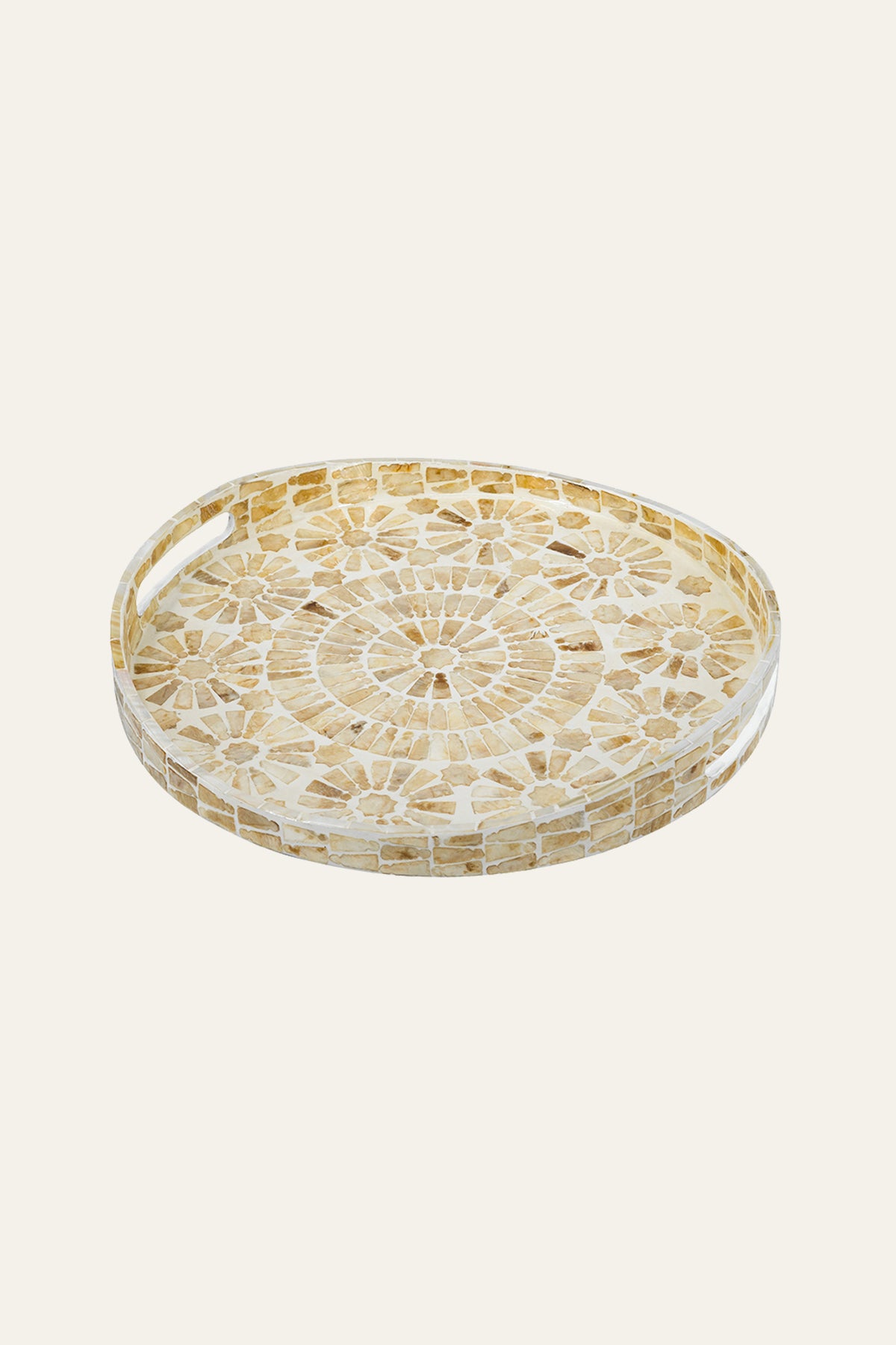 Circular mosaic mother of pearl inlay serving tray