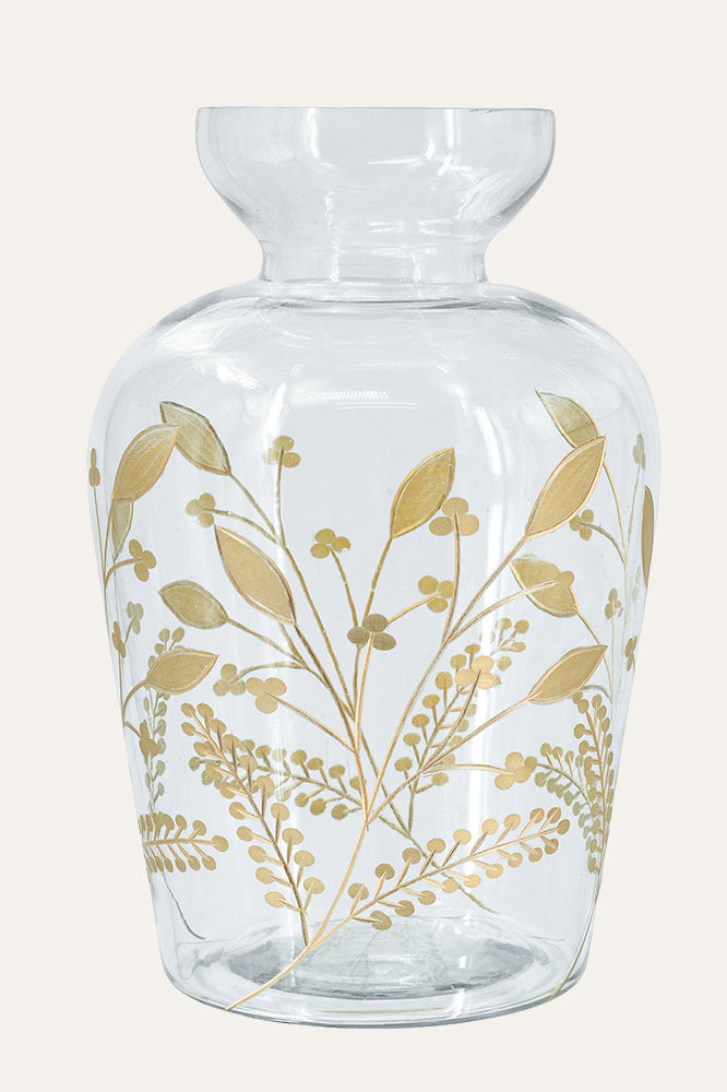 Clear Glass Vase with Gold Botanical Pattern