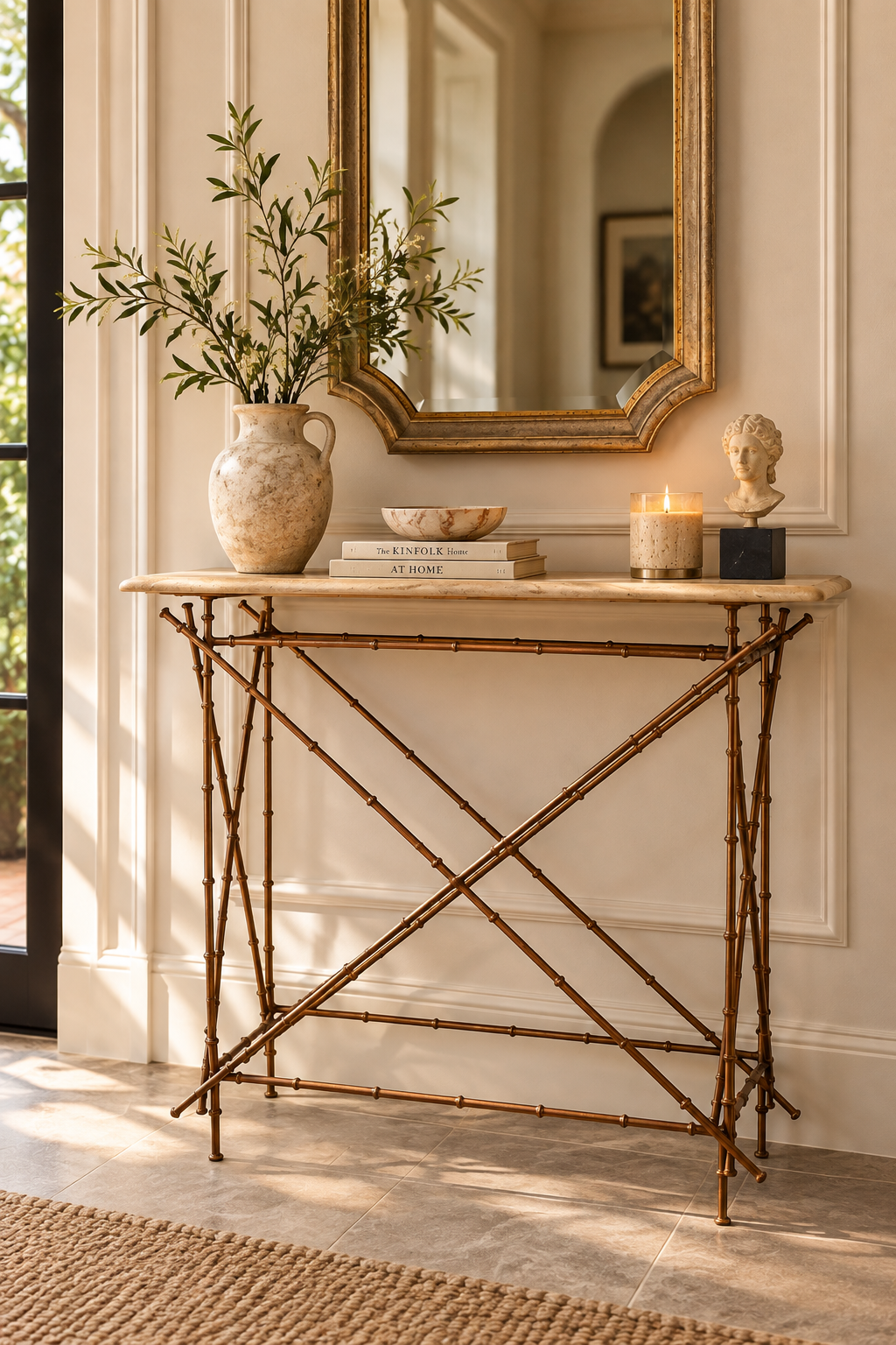 Bamboo Style Cross-Brace Console Table with Marble & Wood Top
