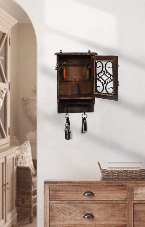 Wooden Key Holder with Metal Door - Main Image