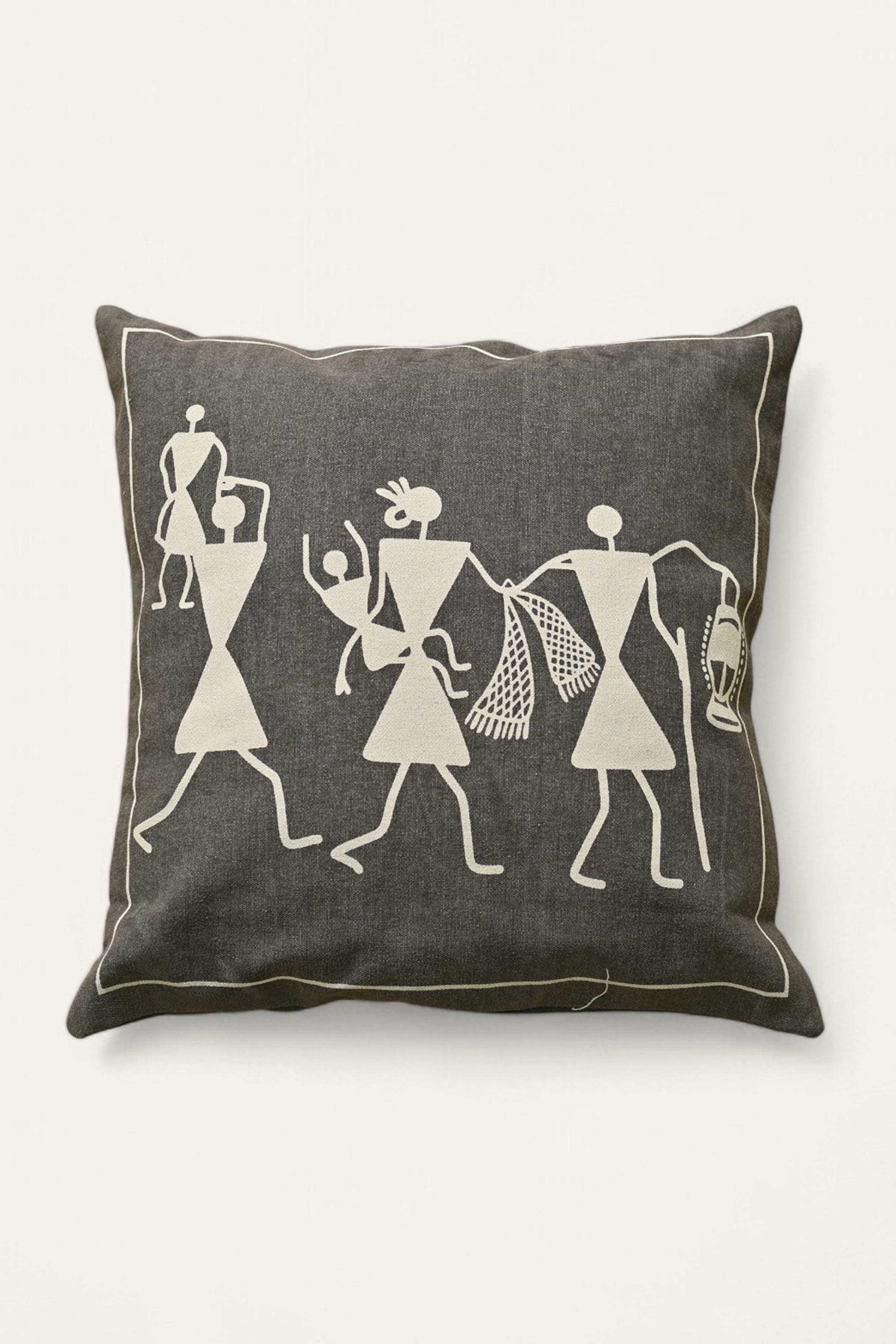 Warli Print black Cotton Linen Cushion