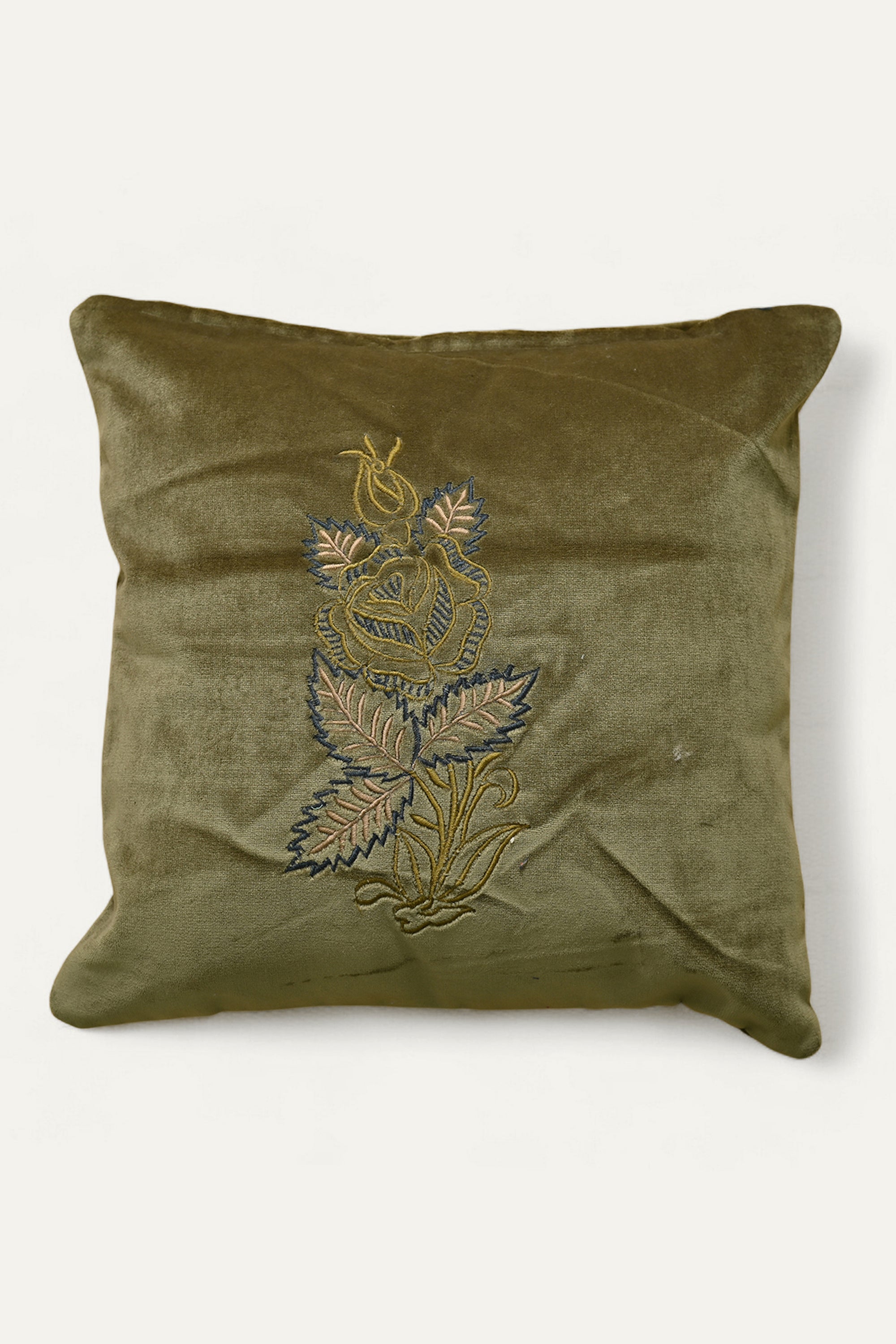 Green Floral Embroidered Cotton Cushion Cover