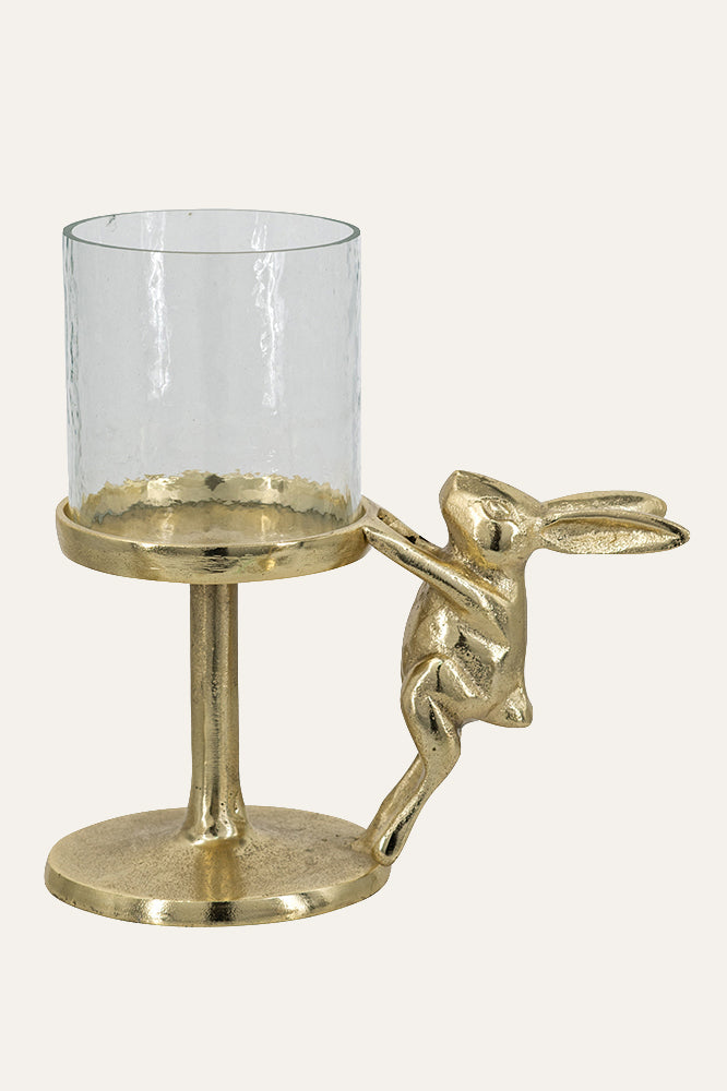 Golden Metal and Glass Candle Holder with a Hare Figurine