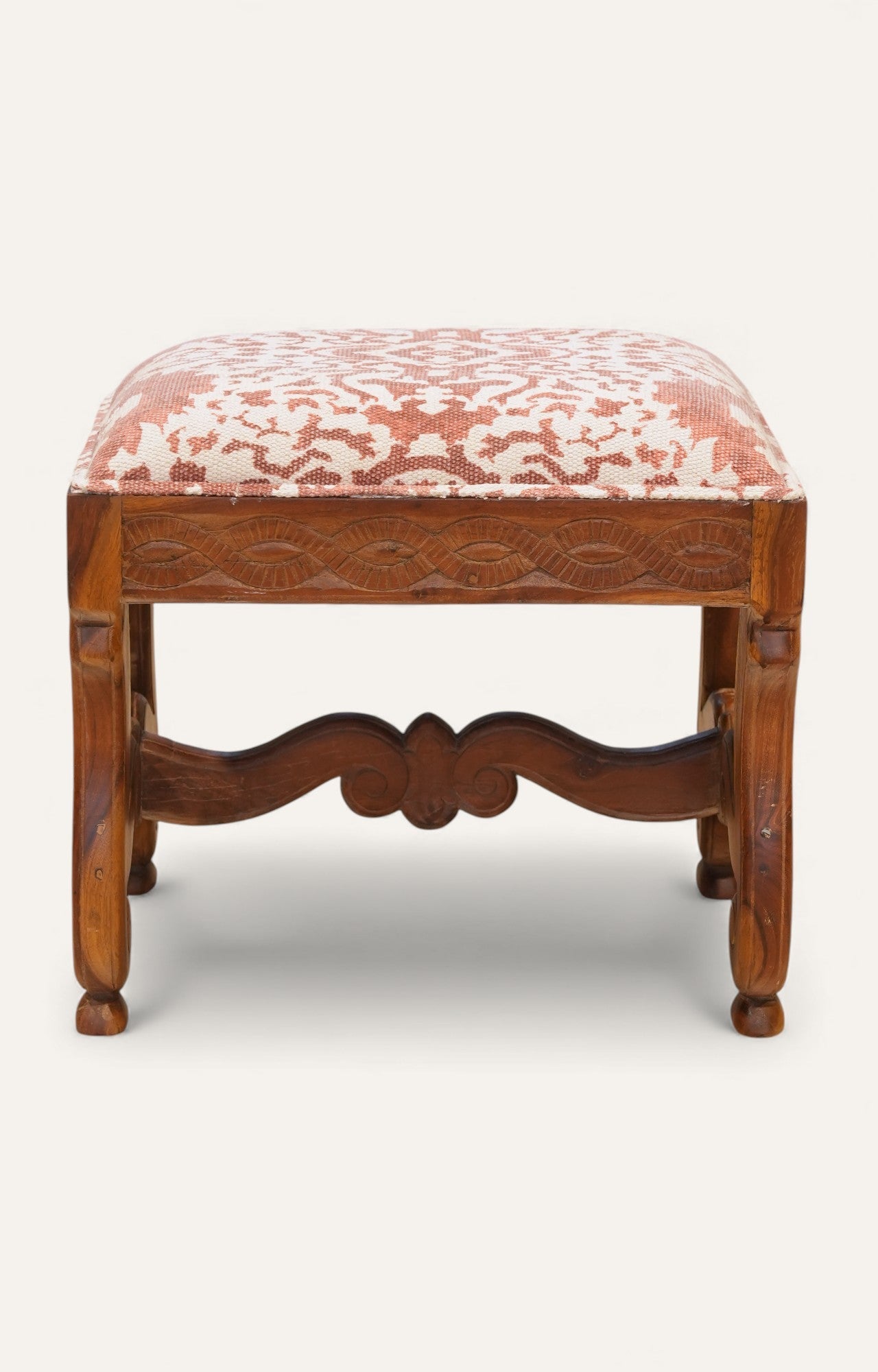 Vintage Carved Wood Upholstered Stool