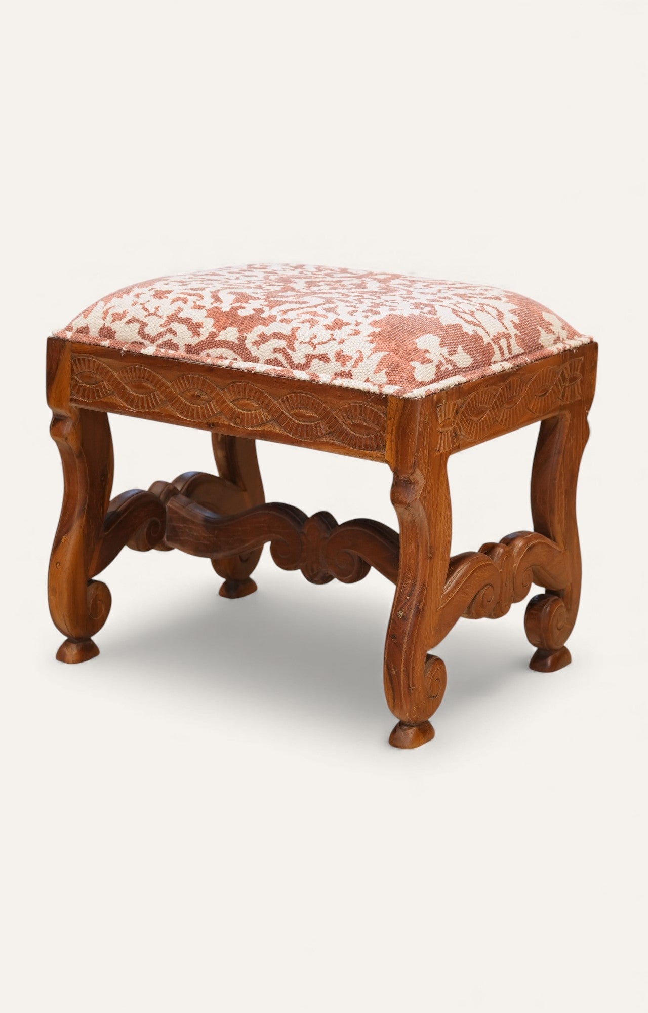 Vintage Carved Wood Upholstered Stool