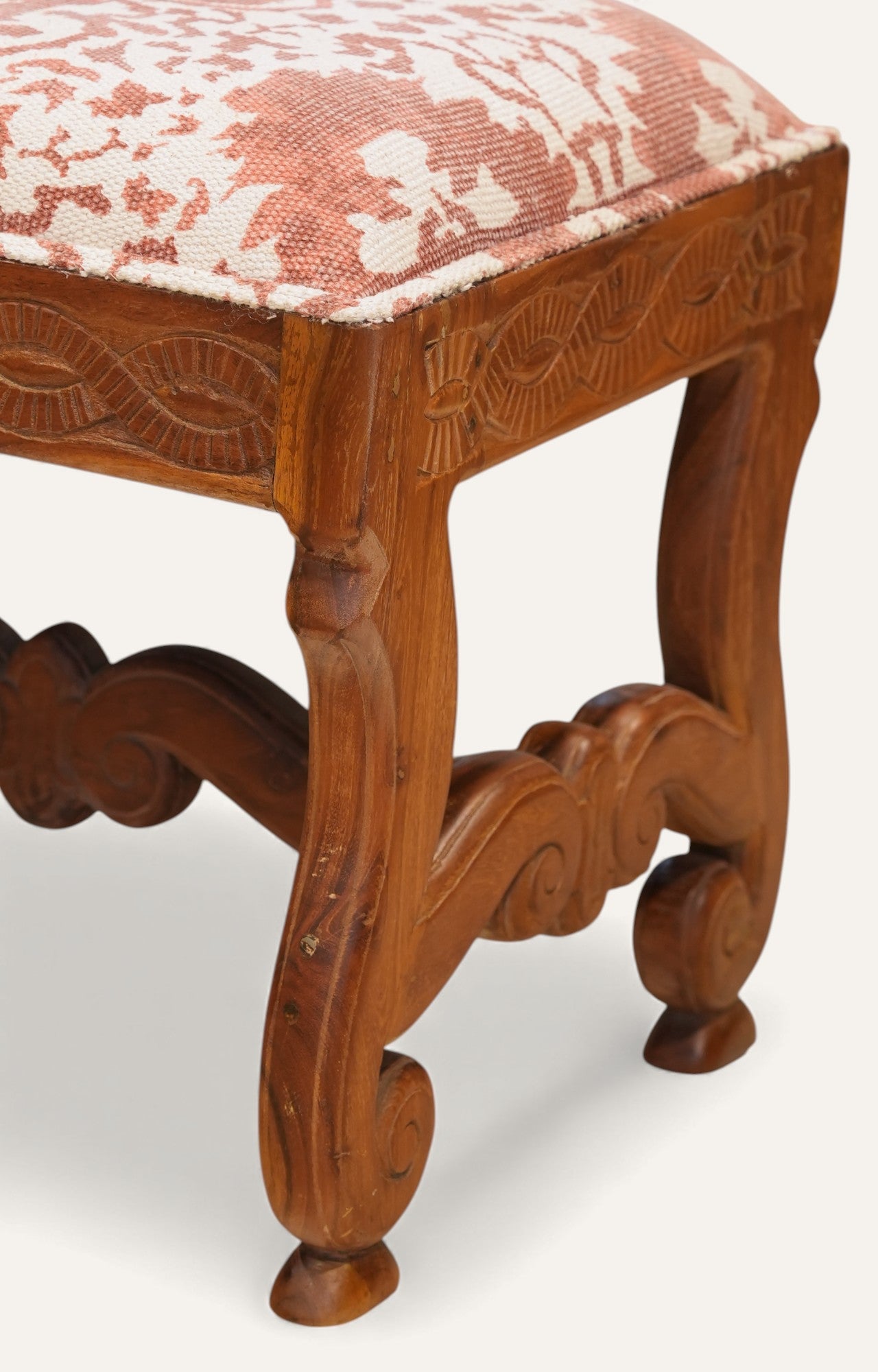 Vintage Carved Wood Upholstered Stool