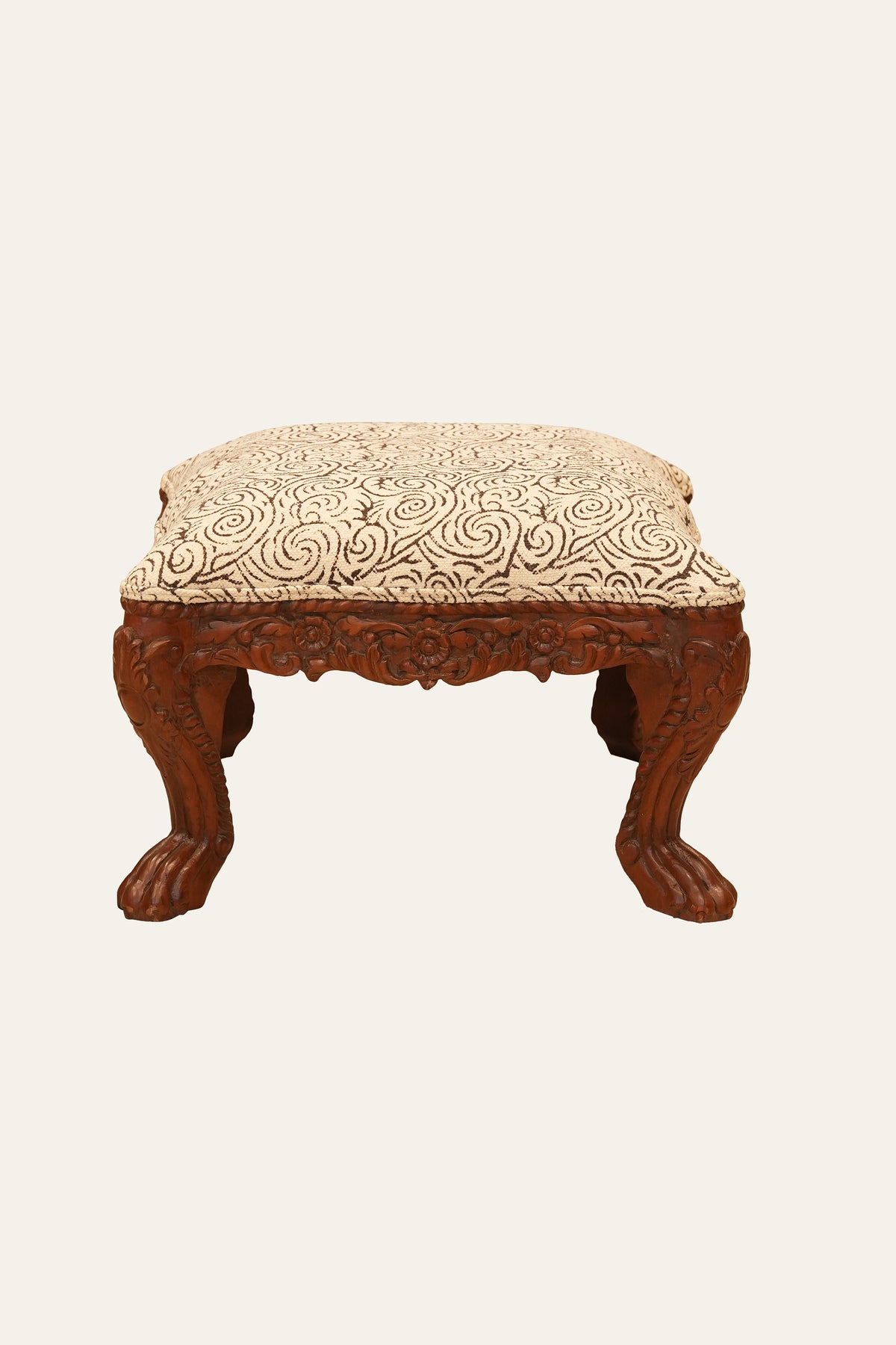 Carved Upholstered Wooden Stool with Ornate Floral Frame
