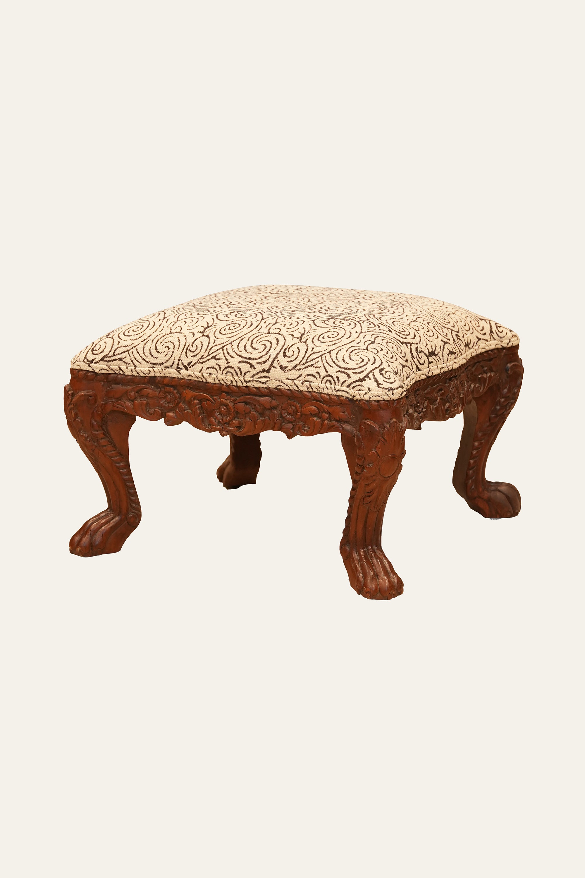 Carved Upholstered Wooden Stool with Ornate Floral Frame