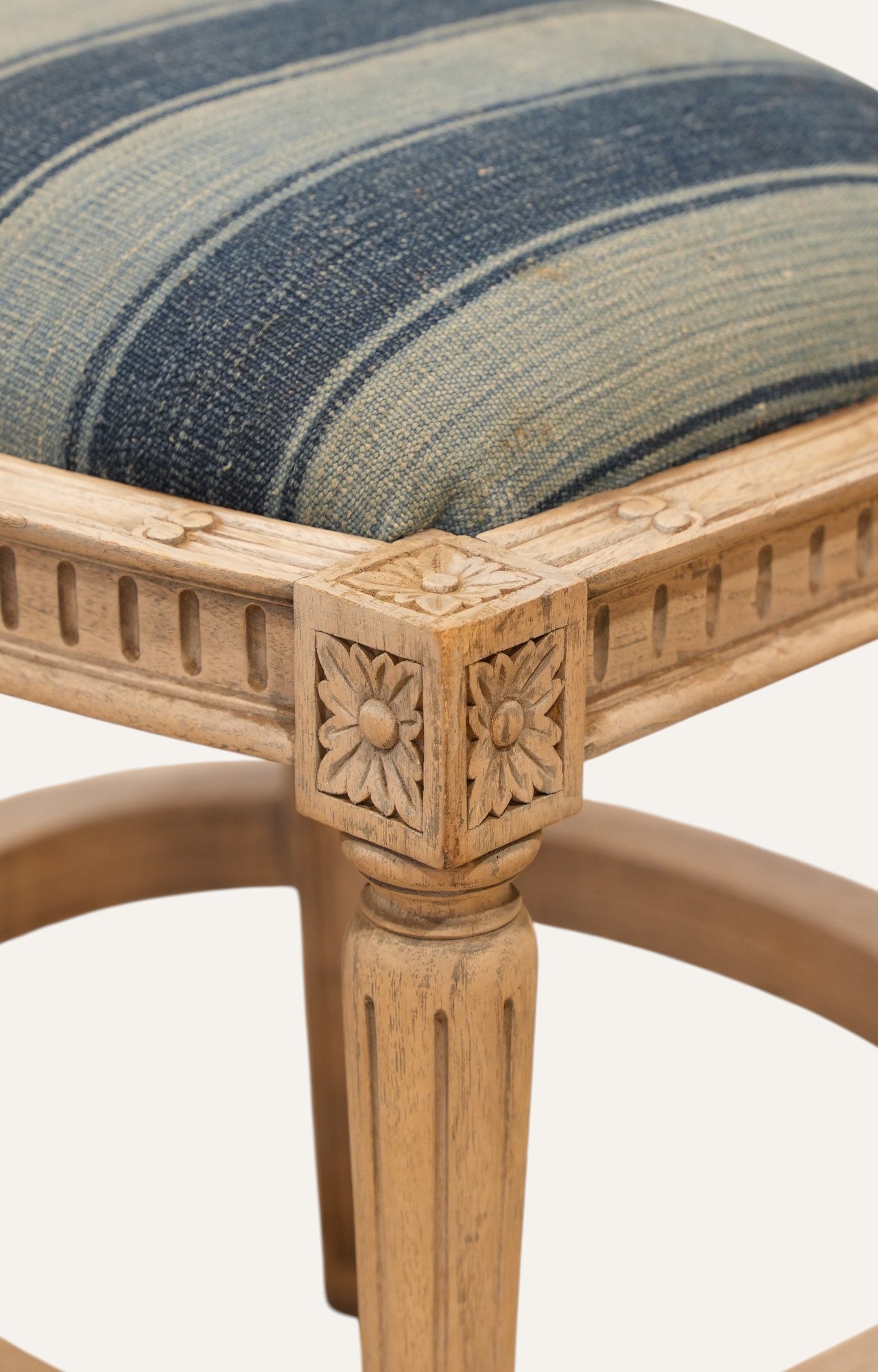 Striped Linen Carved Wood Stool