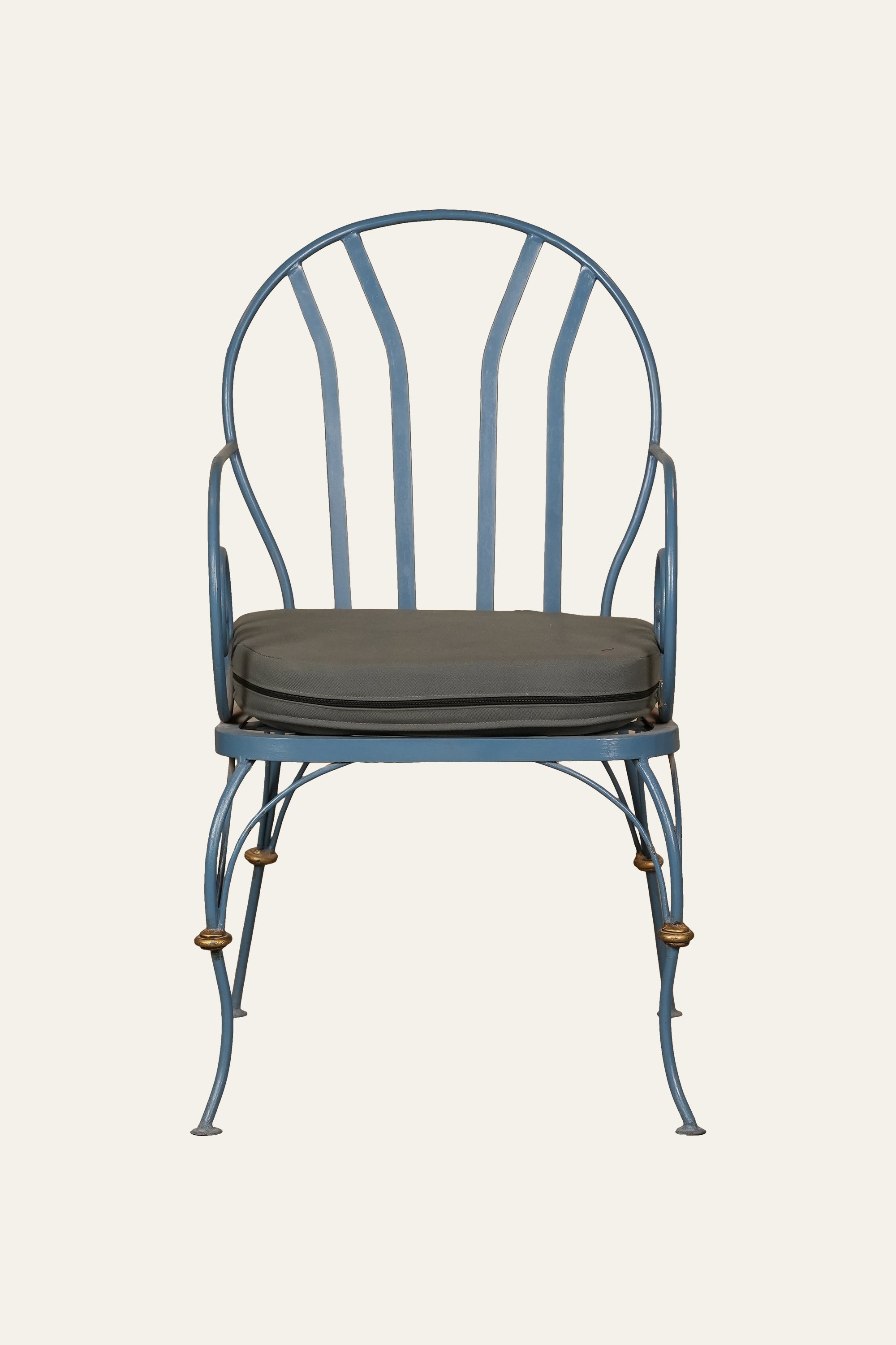 Blue Fan-Back Wrought Iron Upholstered Arm Chair