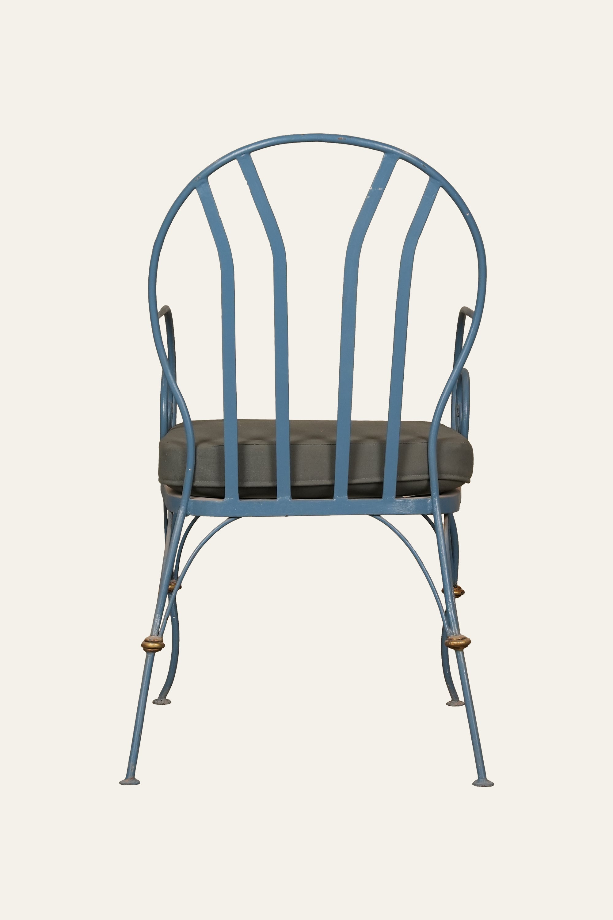 Blue Fan-Back Wrought Iron Upholstered Arm Chair