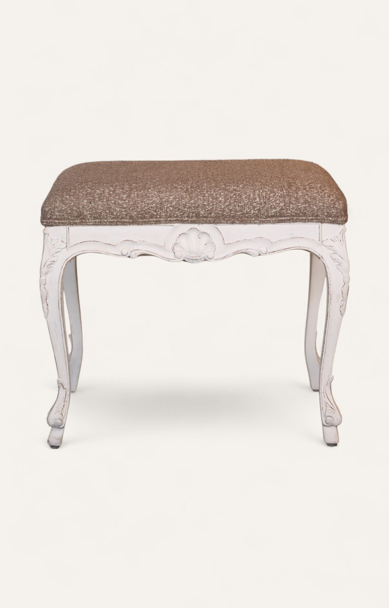 Rococo Carved White Stool with Tweed Upholstery