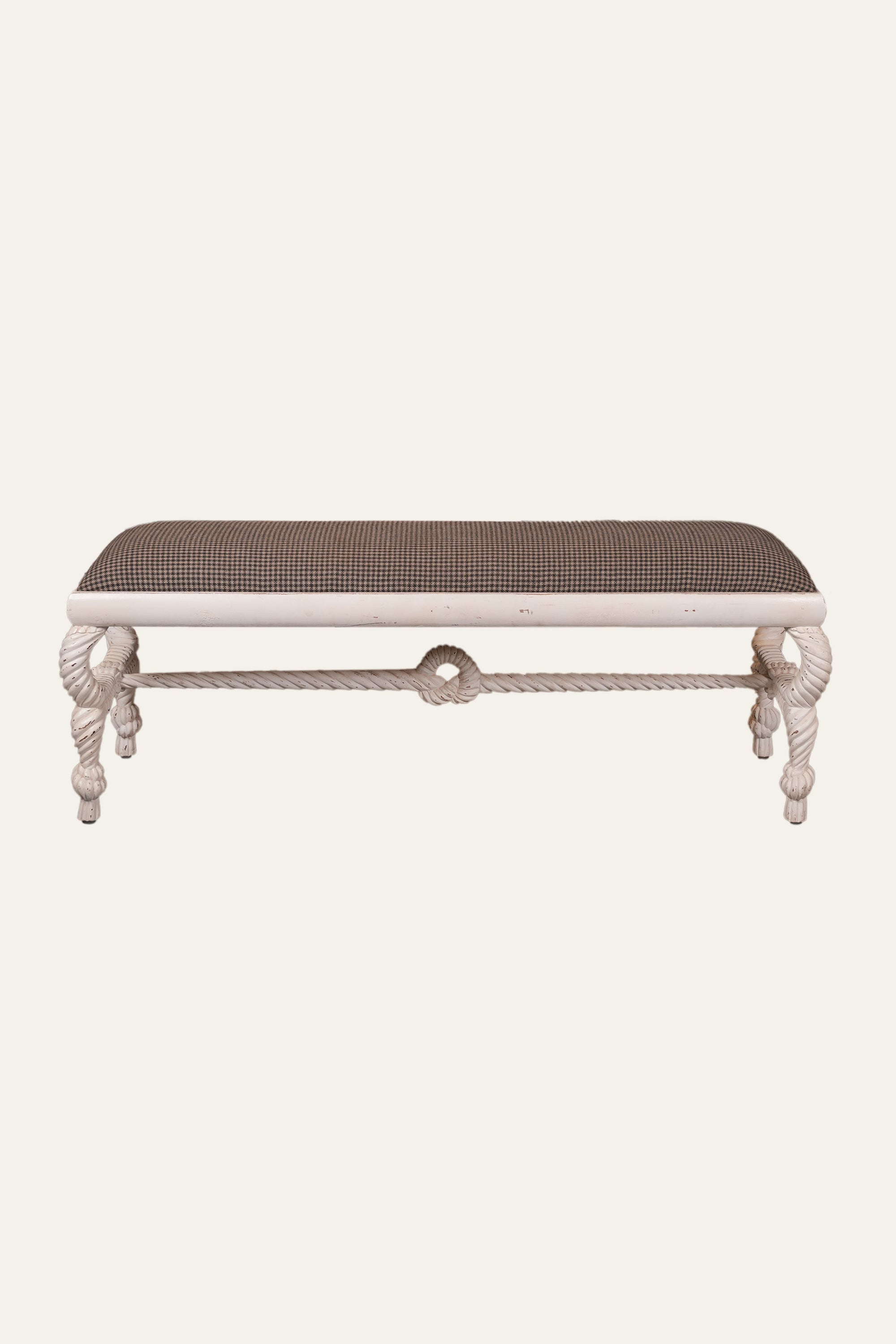 Cream Upholstered Wood Bench with Rope Style  Stretcher Base