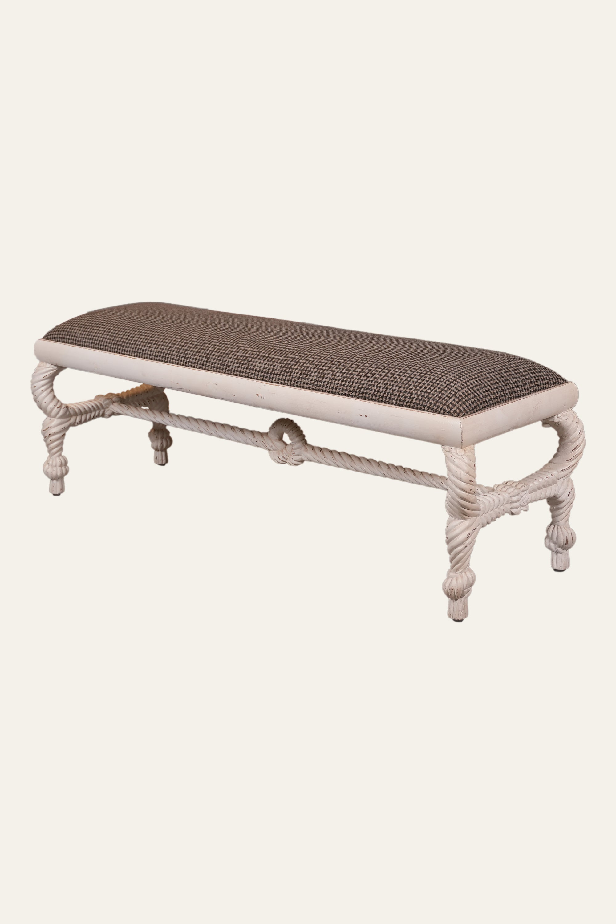 Cream Upholstered Wood Bench with Rope Style  Stretcher Base