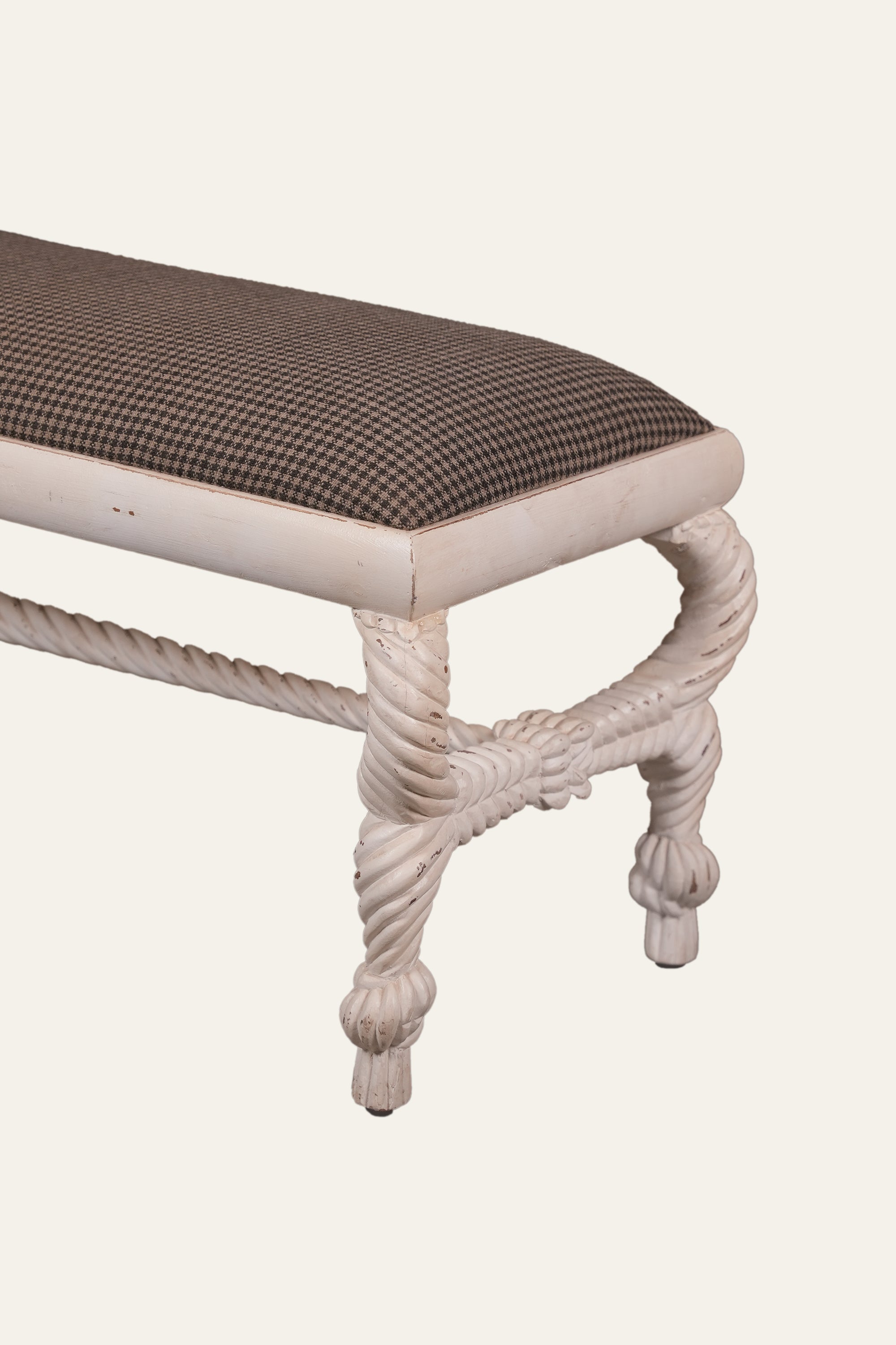 Cream Upholstered Wood Bench with Rope Style  Stretcher Base
