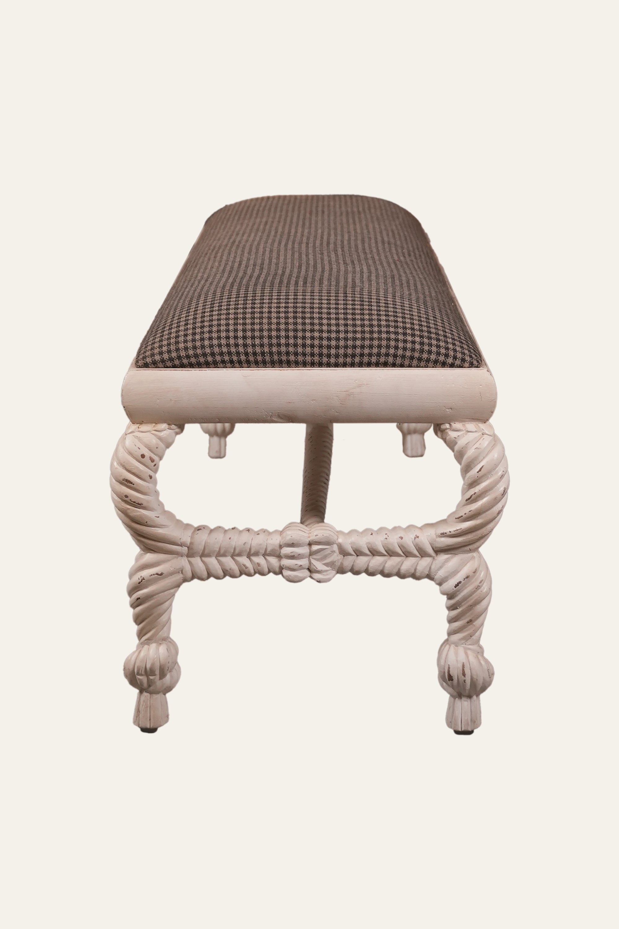 Cream Upholstered Wood Bench with Rope Style  Stretcher Base