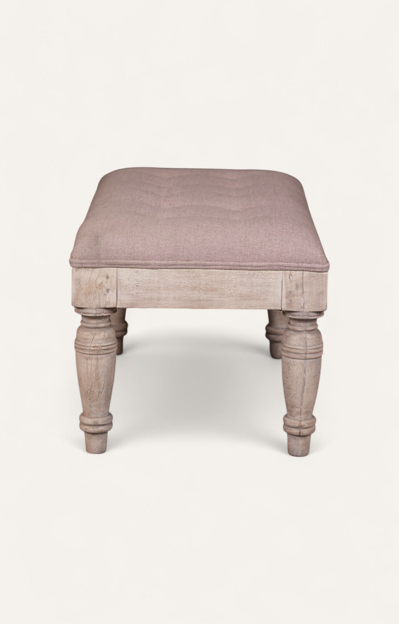 Vintage Taupe Upholstered Stool with Turned Legs