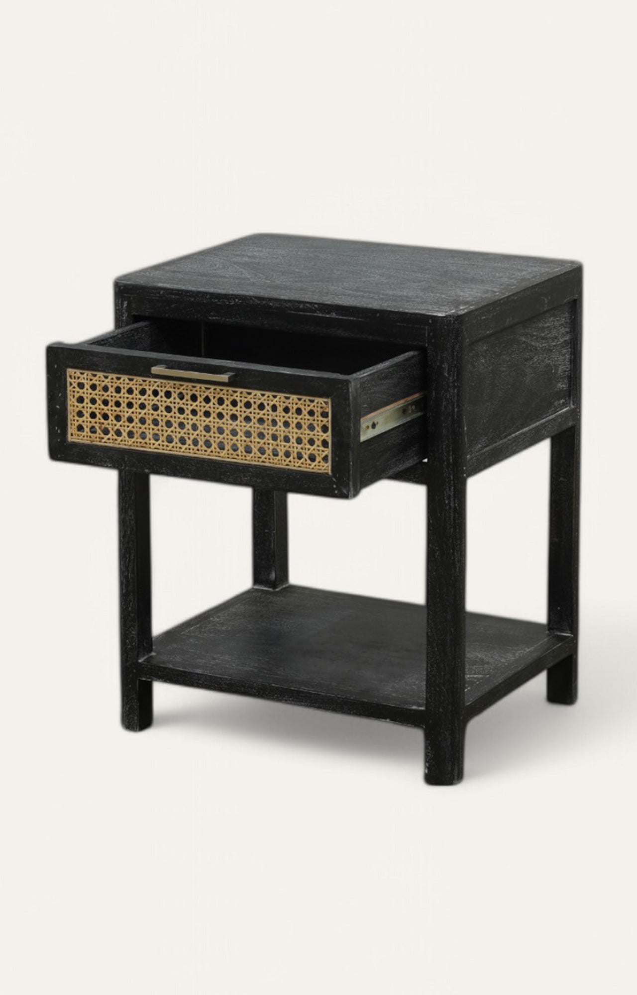 Cozy Woven Cane Front Accent Nightstand with Brass Handle Drawer