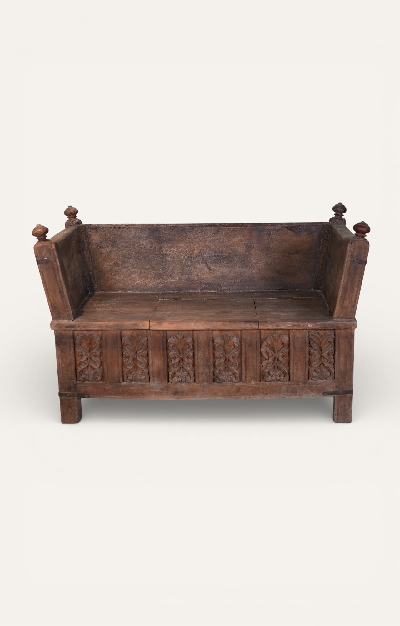 Hand-Carved Vintage Wooden Storage Bench Settee