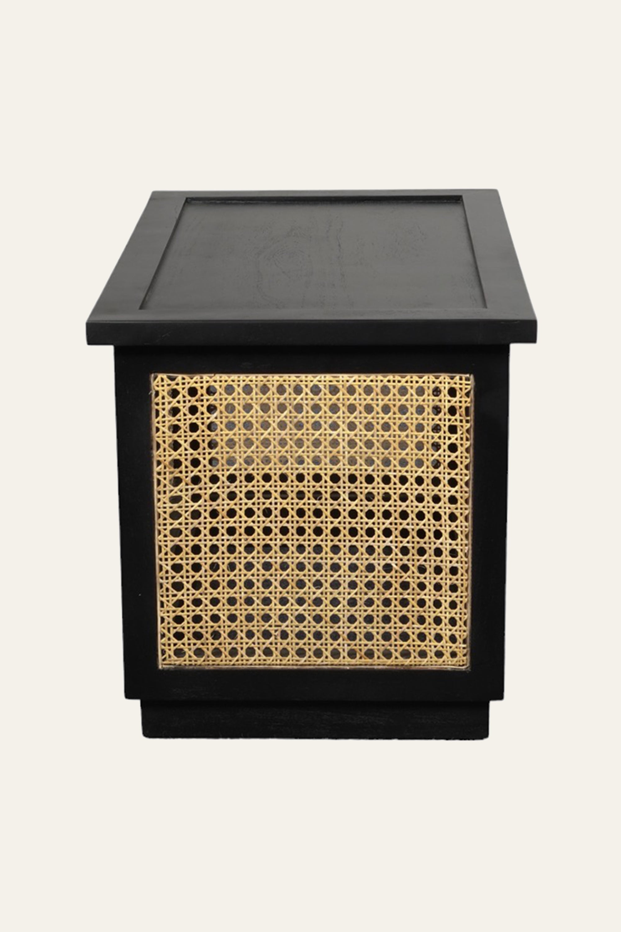 Modern Black Bedside Table with Cane Panels