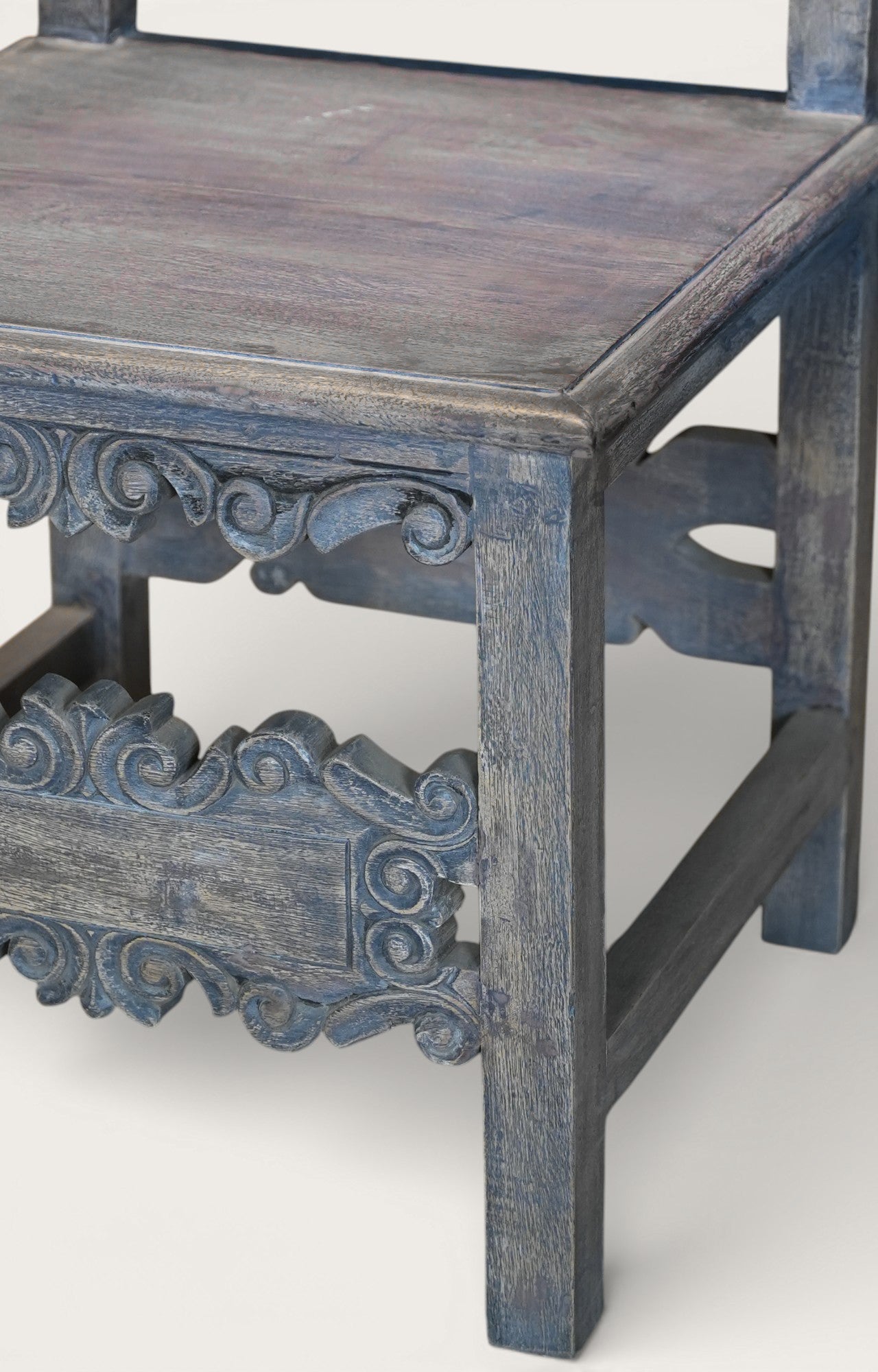 Hand-Carved Blue Distressed Wooden Accent Chair