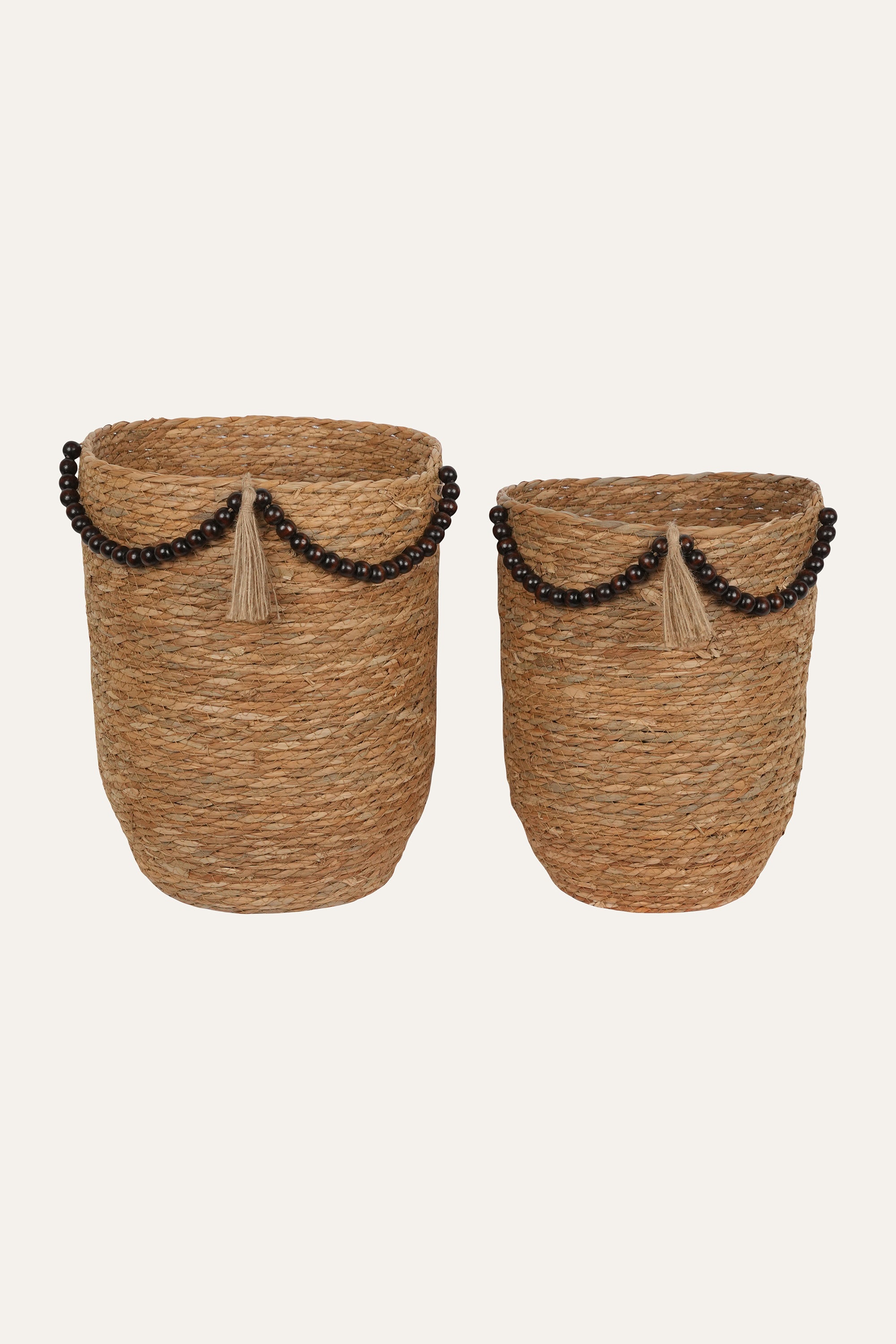 Straw & Wooden Bead Woven Storage Basket - Small